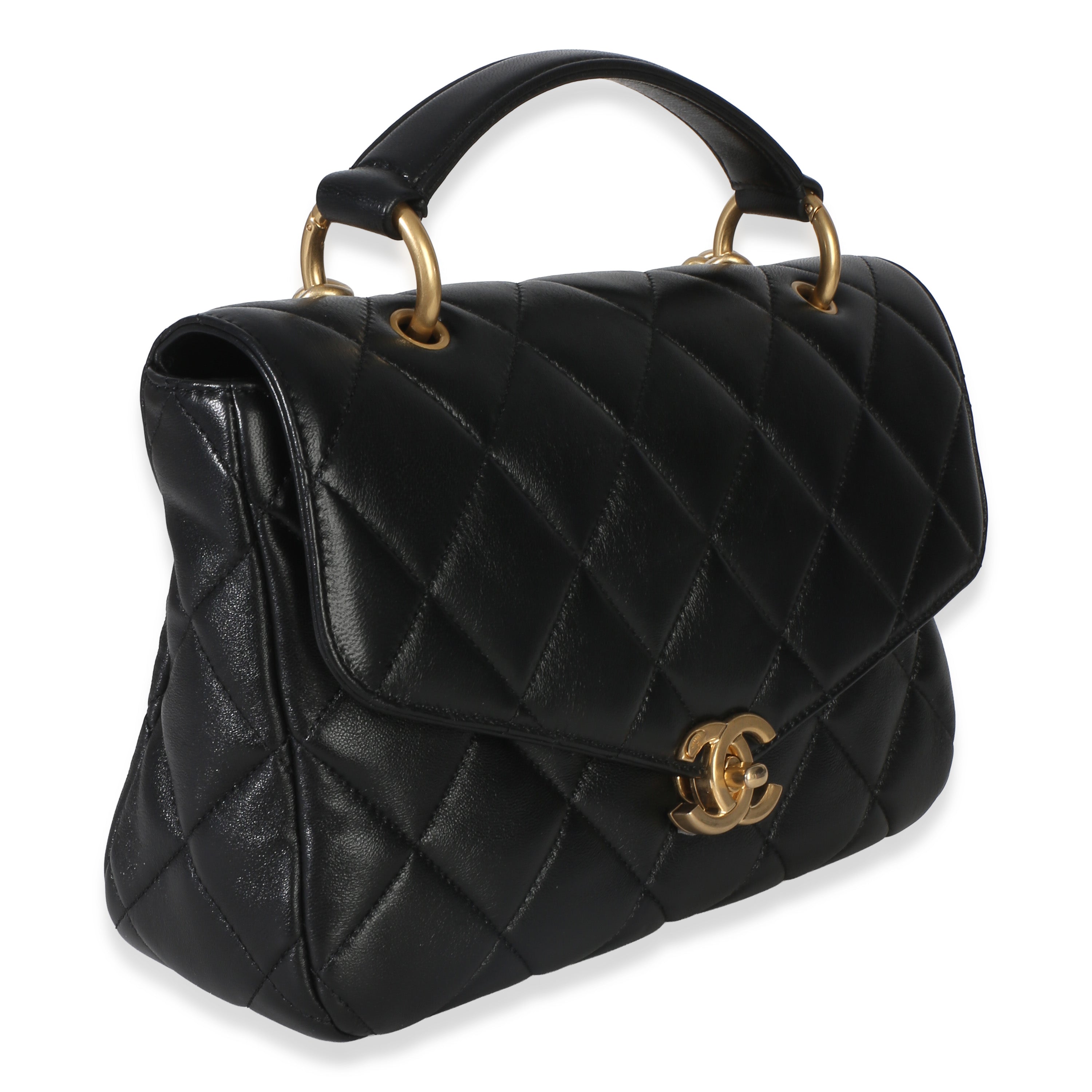 Black Quilted Lambskin Top Handle Envelope Flap Bag