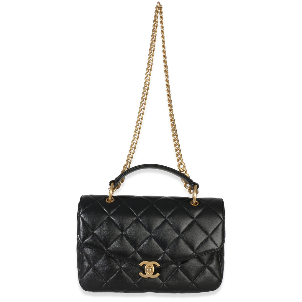 Black Quilted Lambskin Top Handle Envelope Flap Bag