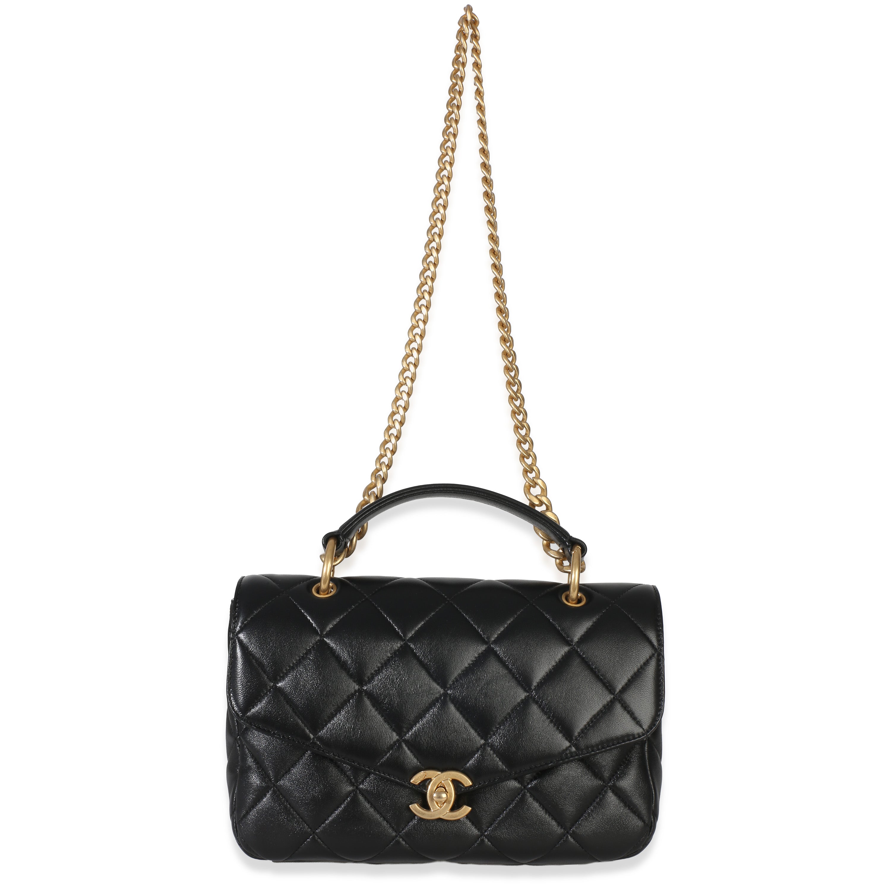 Black Quilted Lambskin Top Handle Envelope Flap Bag