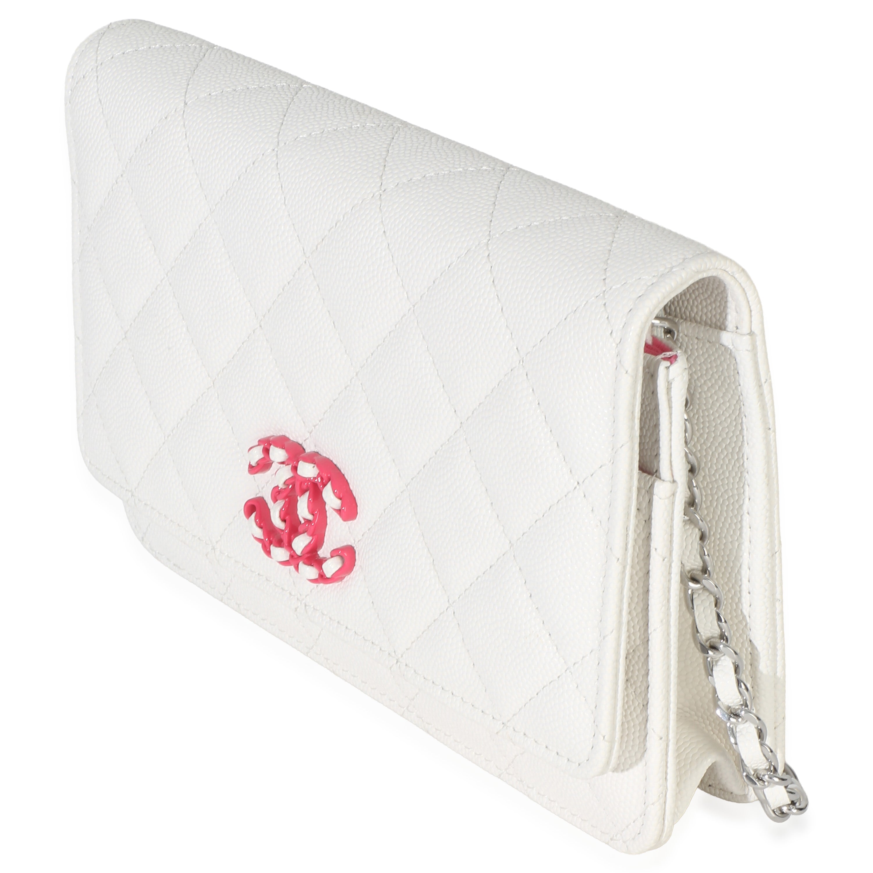 White Pink Quilted Caviar Woven CC Wallet On Chain