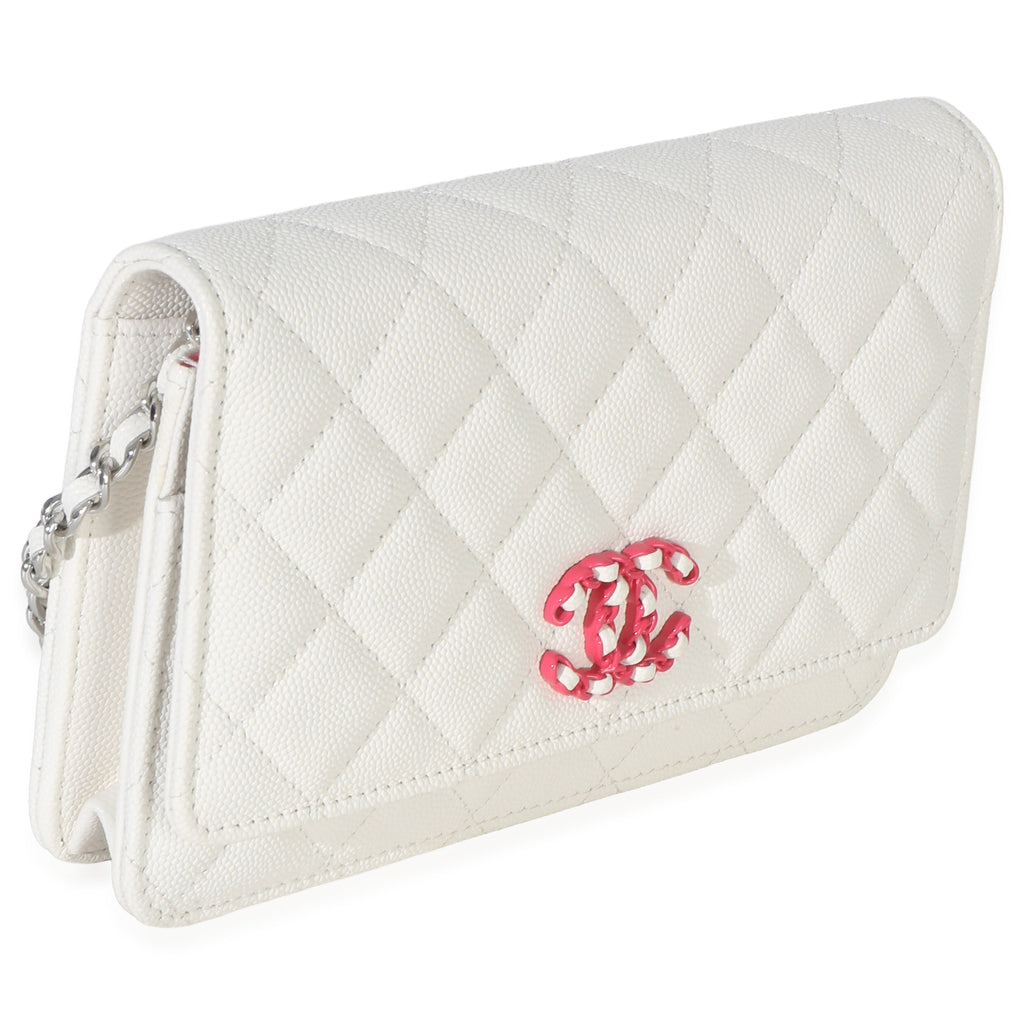 White Pink Quilted Caviar Woven CC Wallet On Chain