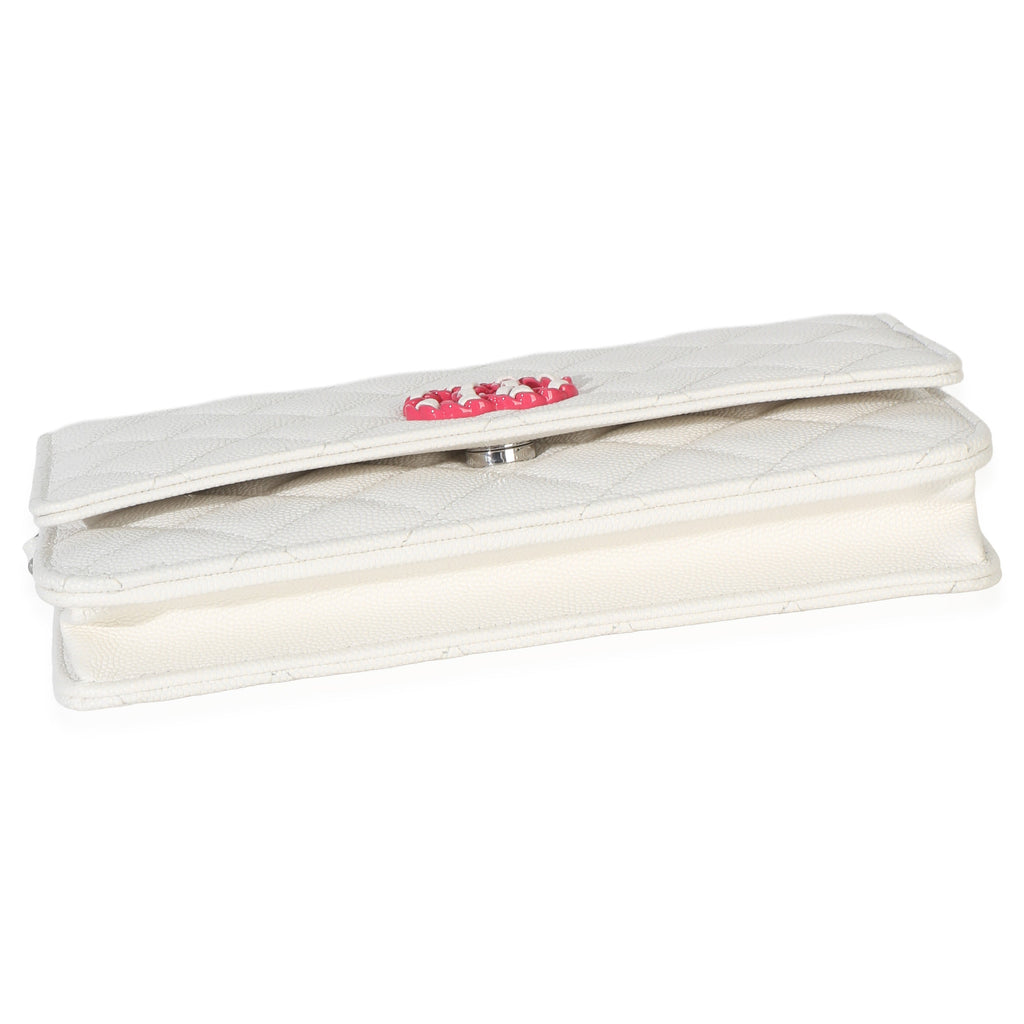 White Pink Quilted Caviar Woven CC Wallet On Chain