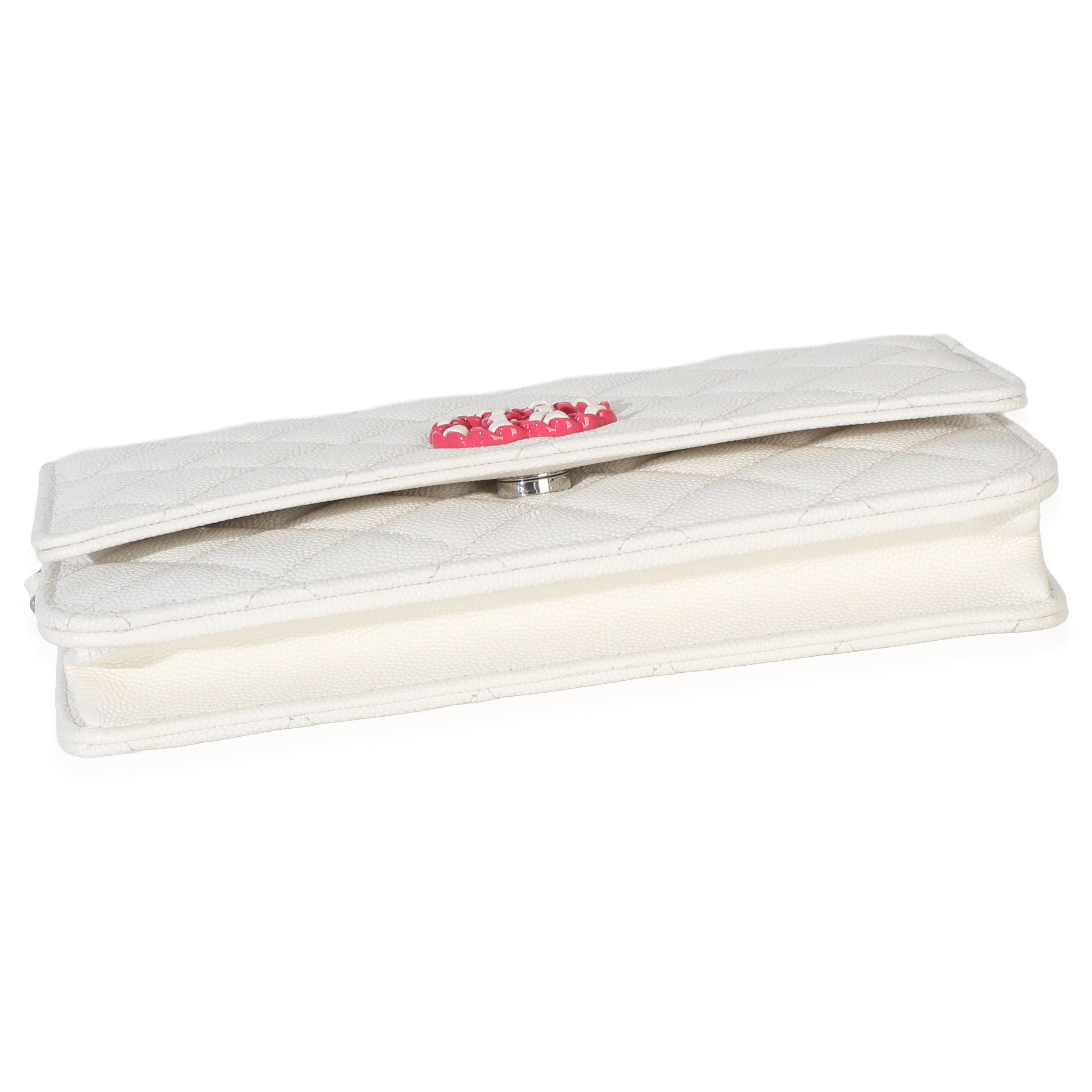 White Pink Quilted Caviar Woven CC Wallet On Chain