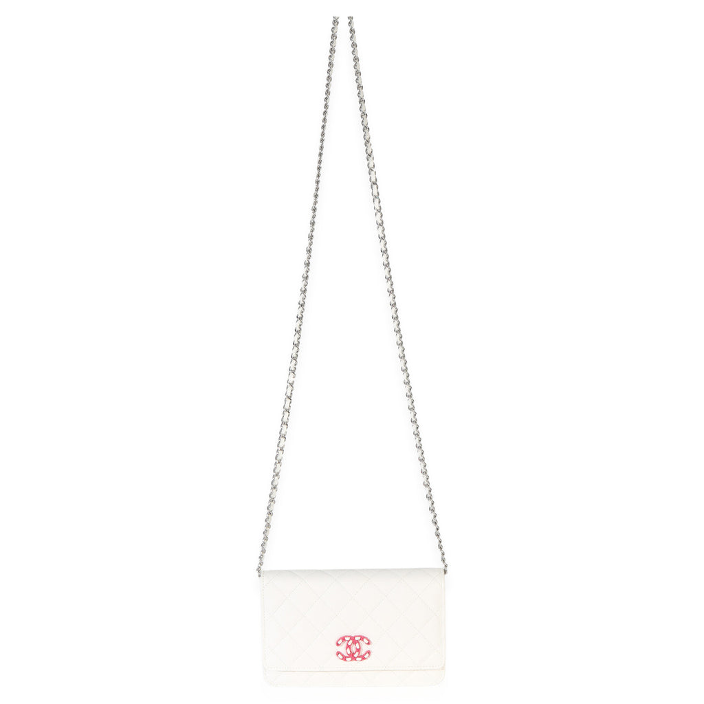 White Pink Quilted Caviar Woven CC Wallet On Chain