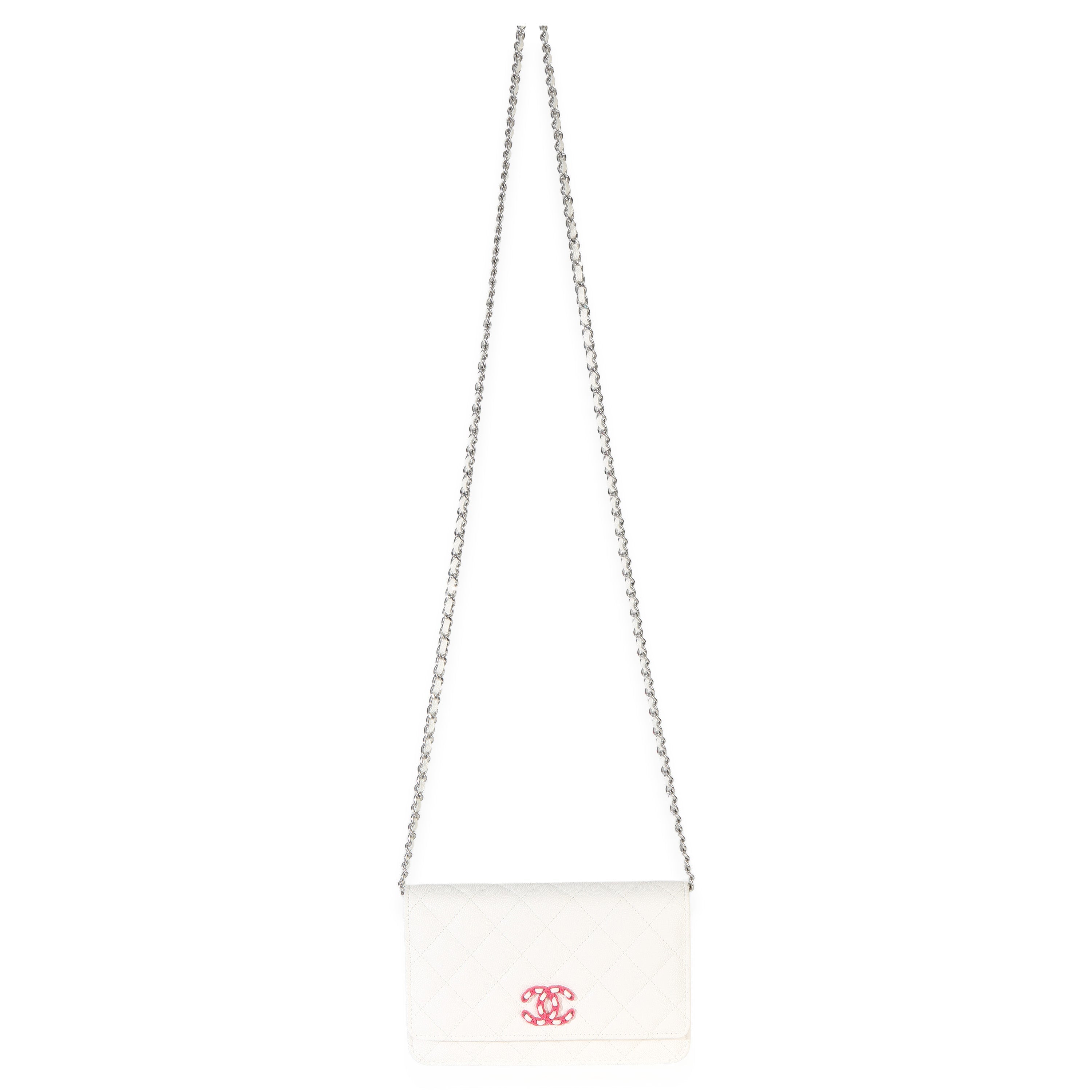 White Pink Quilted Caviar Woven CC Wallet On Chain