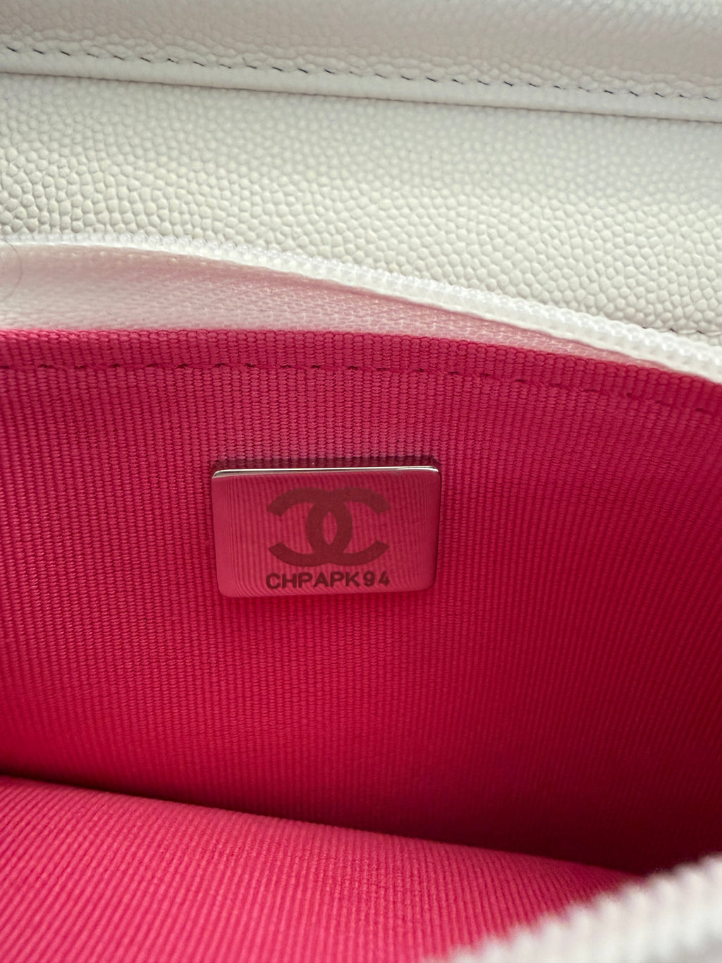 White Pink Quilted Caviar Woven CC Wallet On Chain