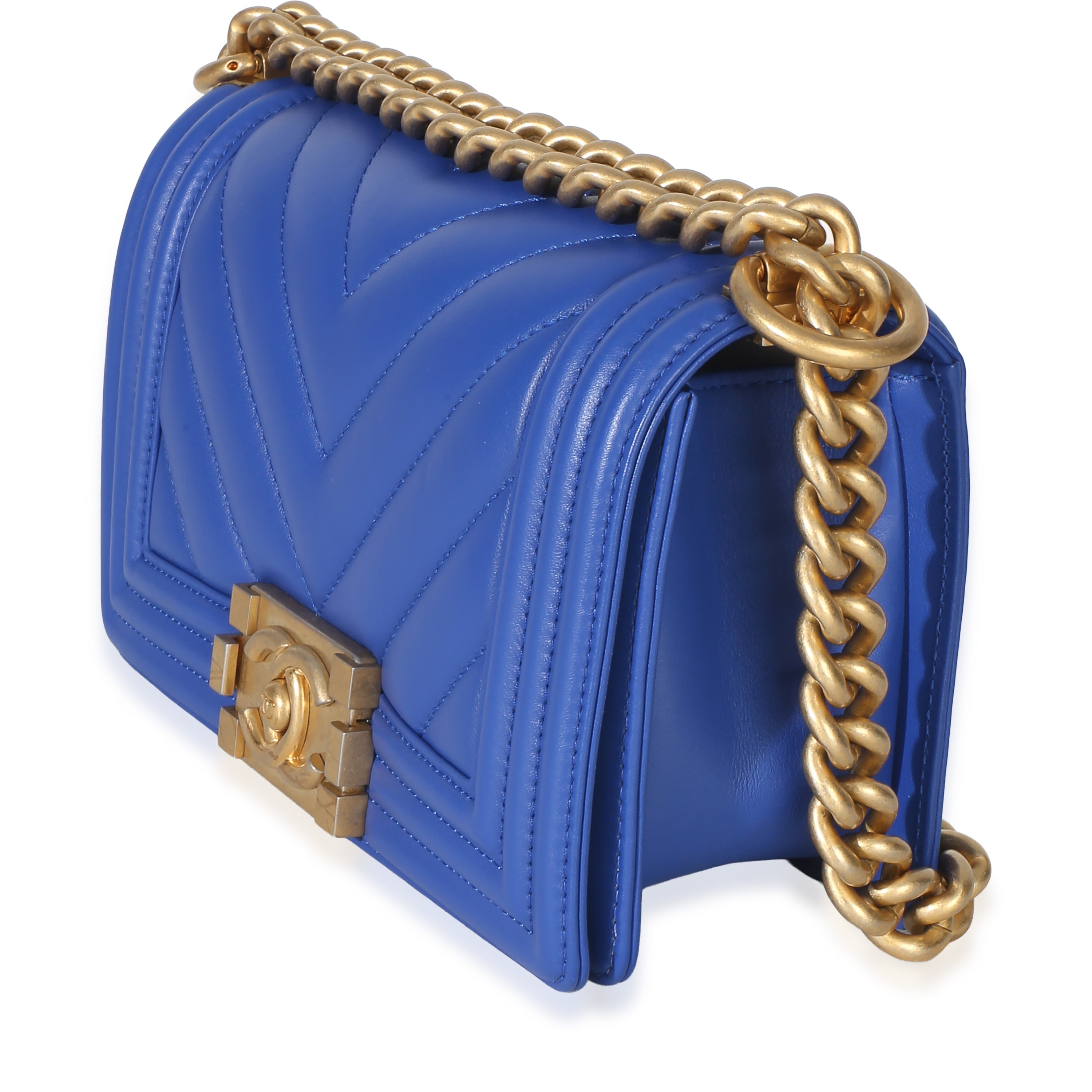 Blue Lambskin Chevron Quilted Small Boy Bag