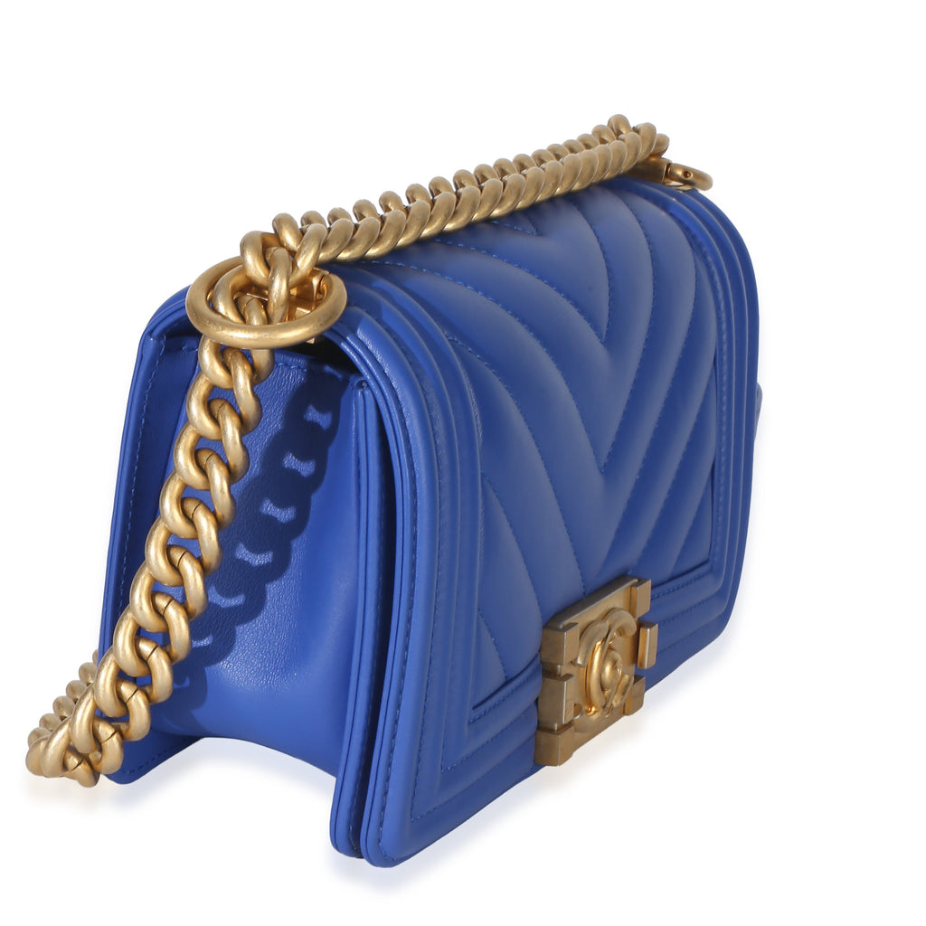 Blue Lambskin Chevron Quilted Small Boy Bag