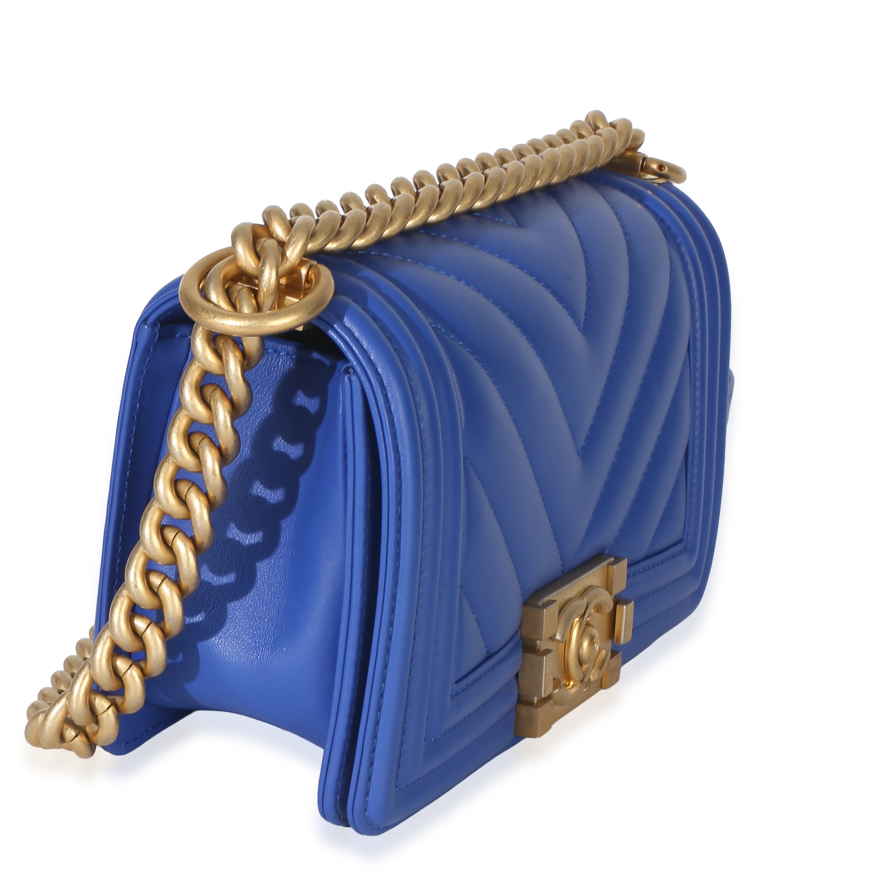 Blue Lambskin Chevron Quilted Small Boy Bag