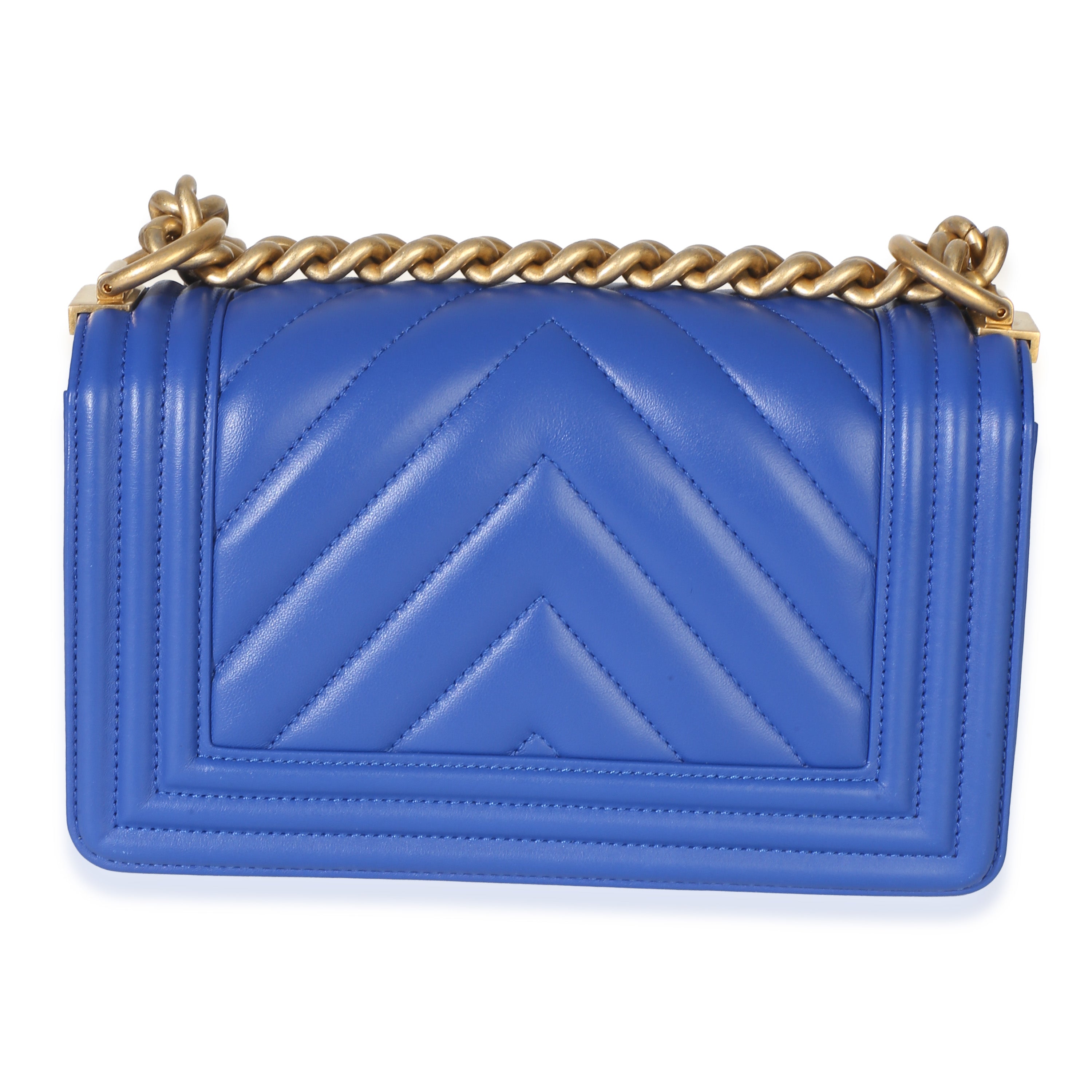 Blue Lambskin Chevron Quilted Small Boy Bag