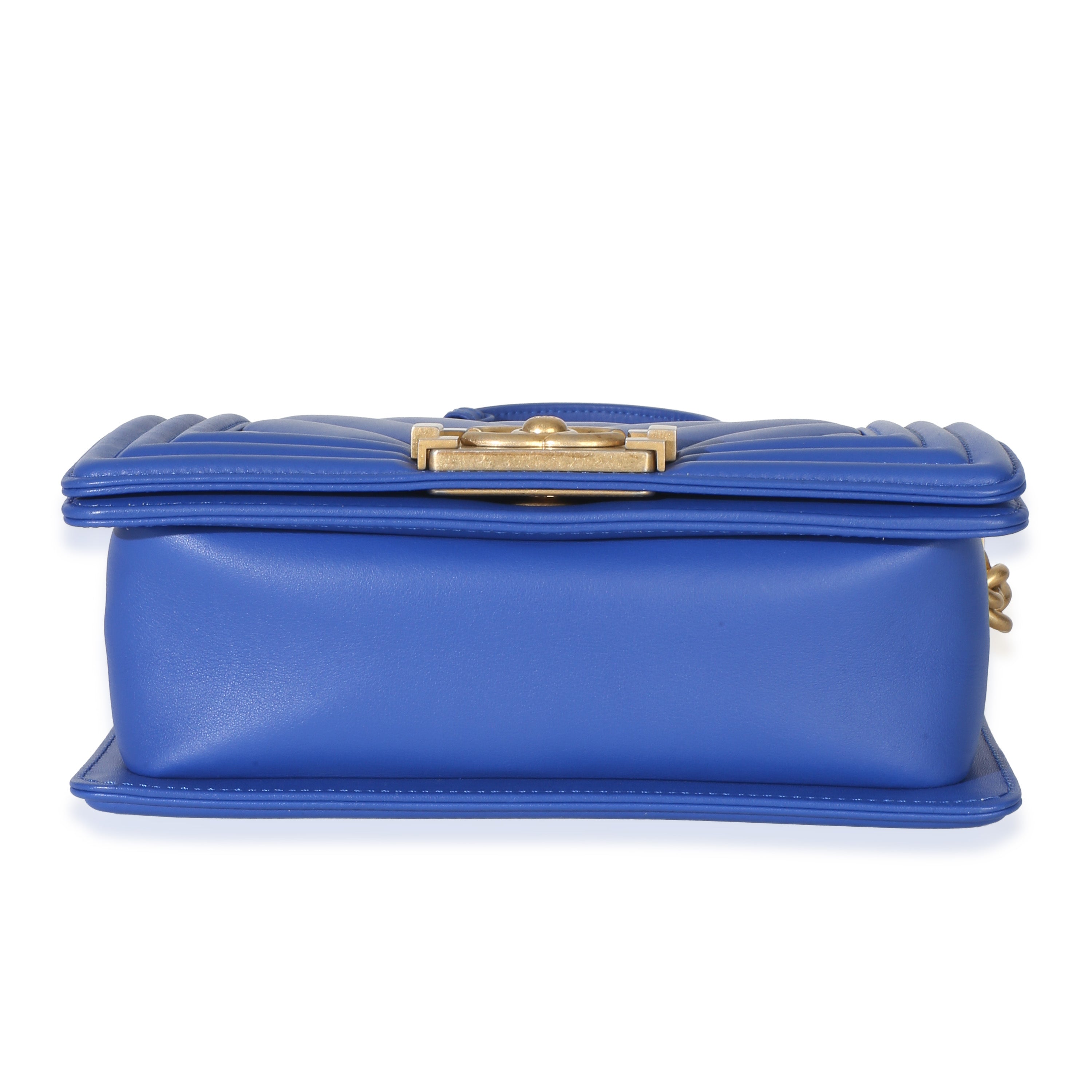 Blue Lambskin Chevron Quilted Small Boy Bag