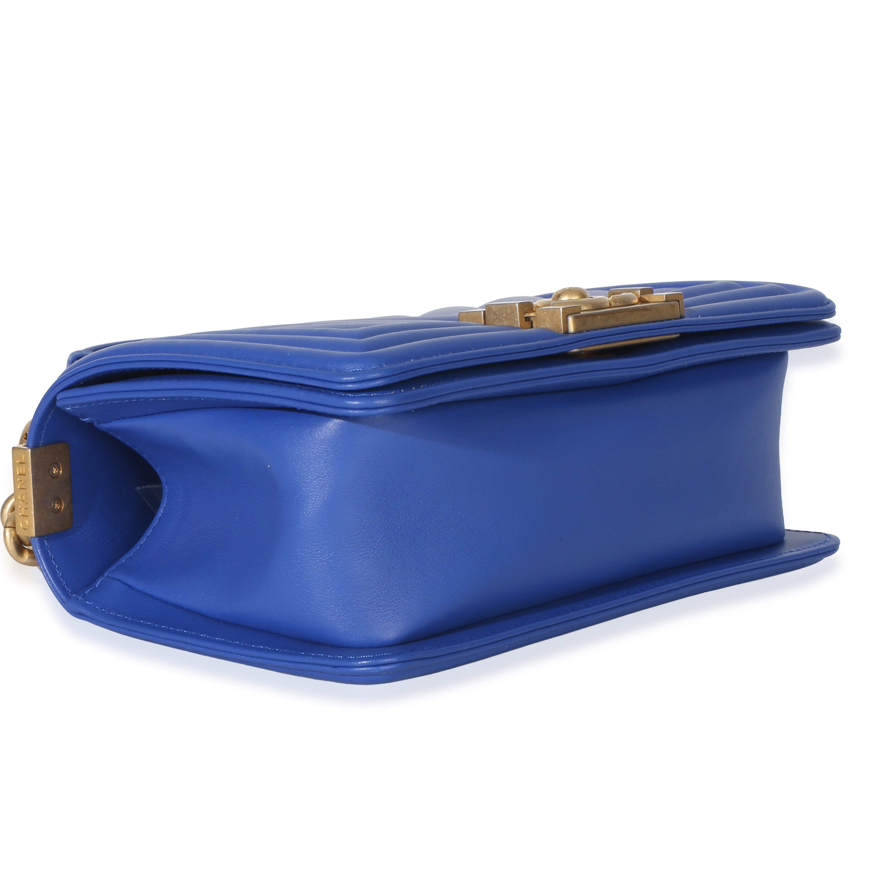 Blue Lambskin Chevron Quilted Small Boy Bag