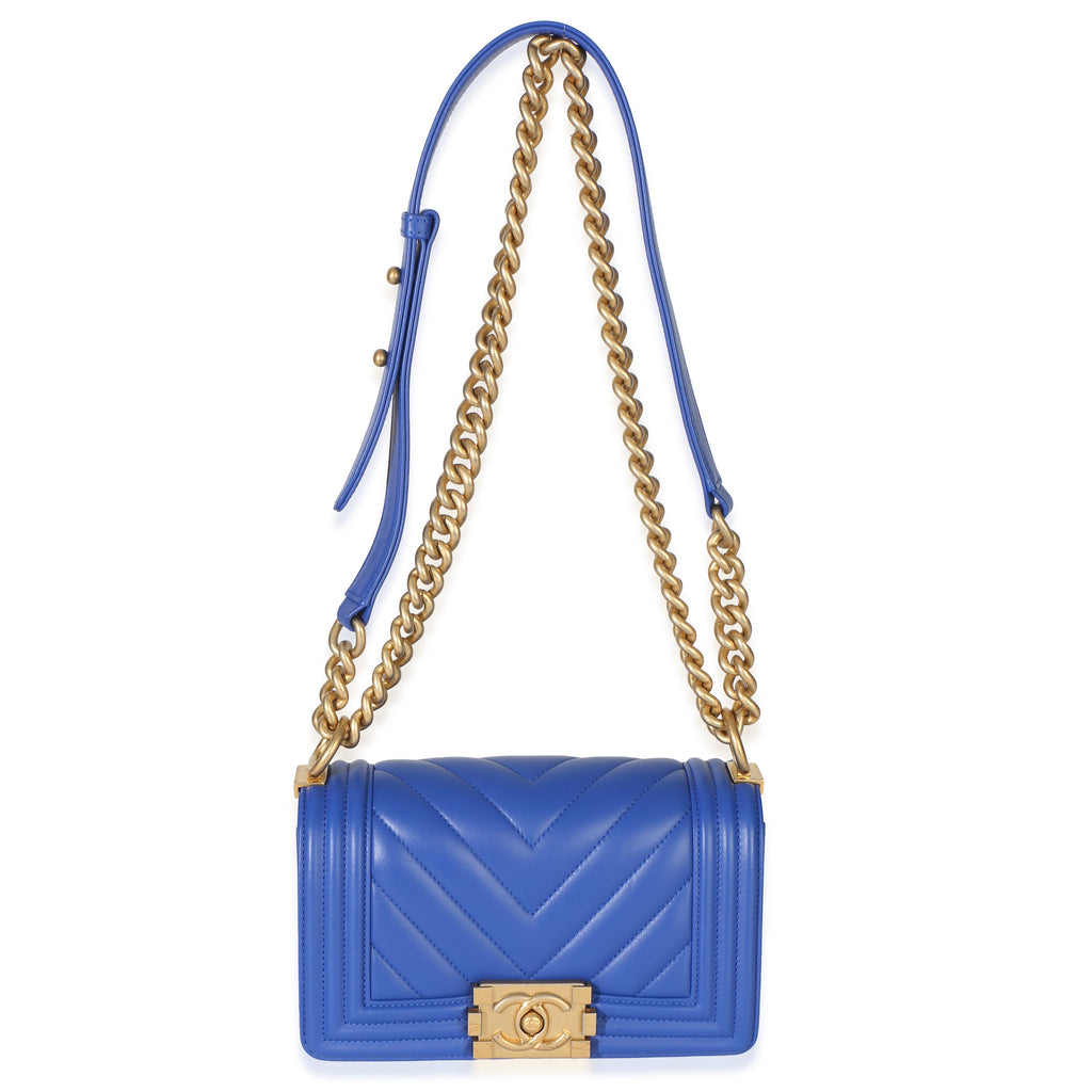 Blue Lambskin Chevron Quilted Small Boy Bag