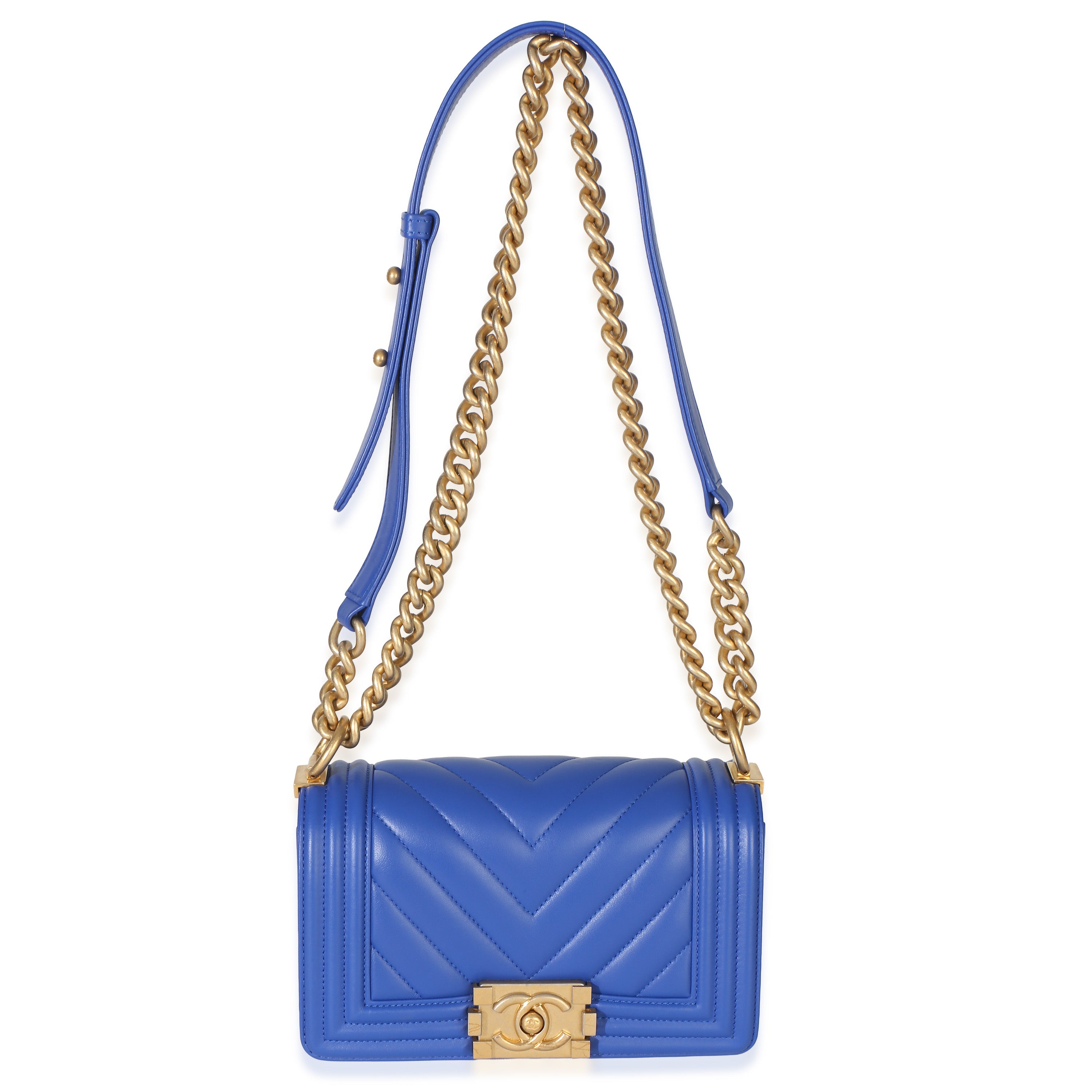 Blue Lambskin Chevron Quilted Small Boy Bag
