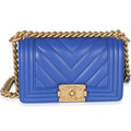 Blue Lambskin Chevron Quilted Small Boy Bag