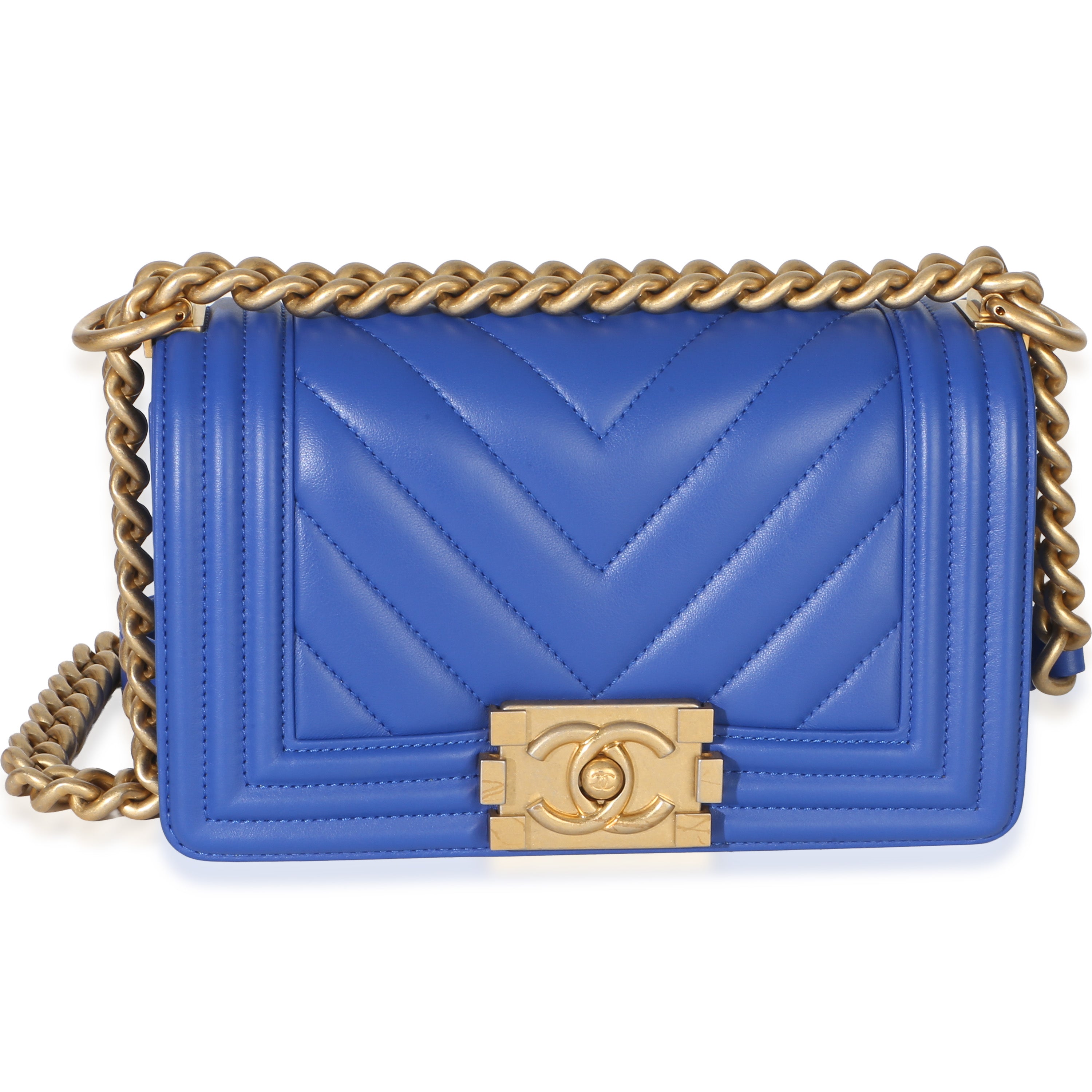 Blue Lambskin Chevron Quilted Small Boy Bag