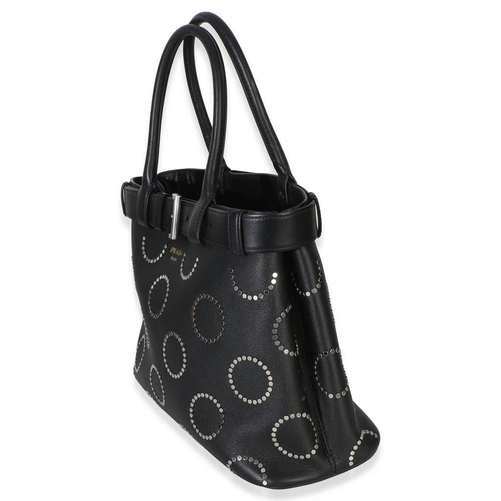 Black Soft Grain Calfskin Studded Large Buckle Bag With Belt