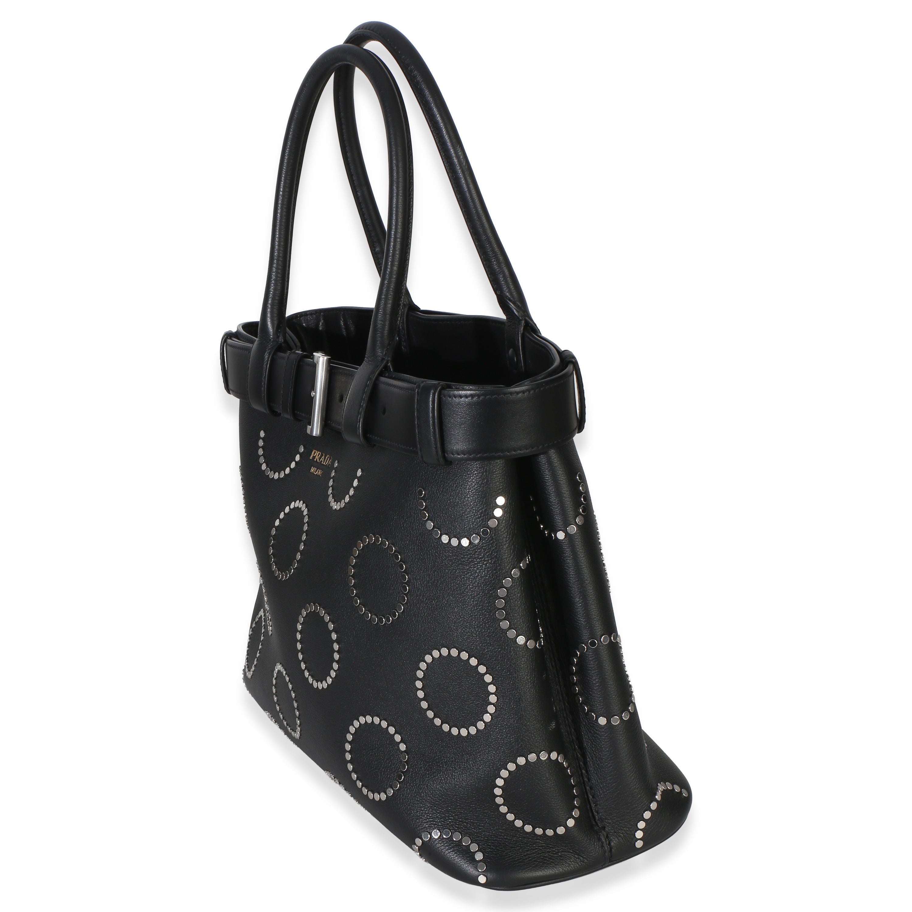 Black Soft Grain Calfskin Studded Large Buckle Bag With Belt