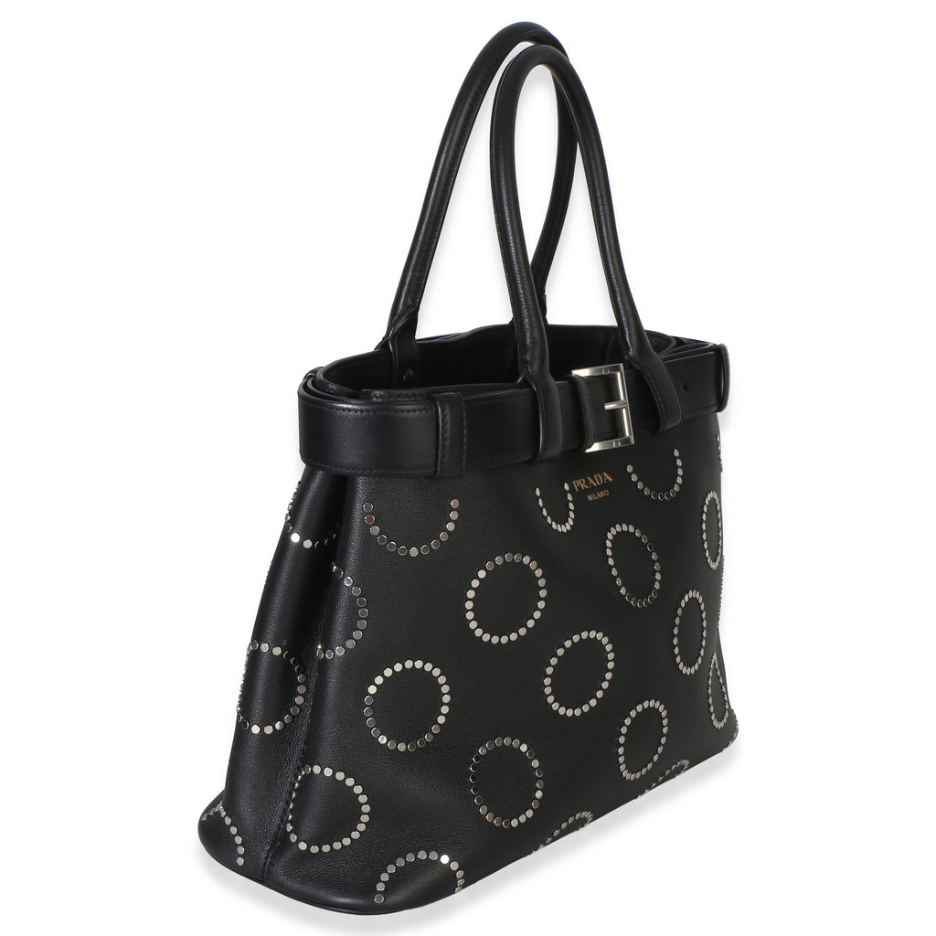 Black Soft Grain Calfskin Studded Large Buckle Bag With Belt
