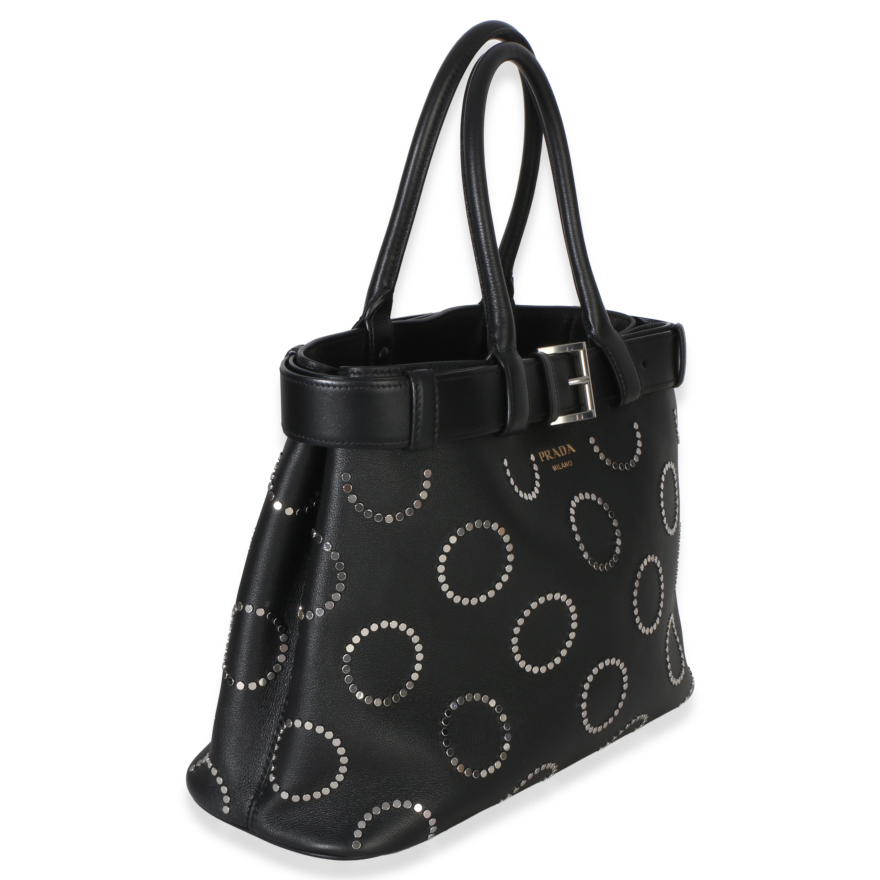 Black Soft Grain Calfskin Studded Large Buckle Bag With Belt