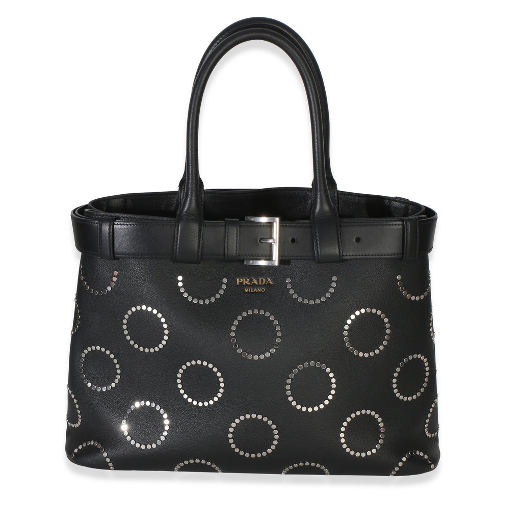 Black Soft Grain Calfskin Studded Large Buckle Bag With Belt