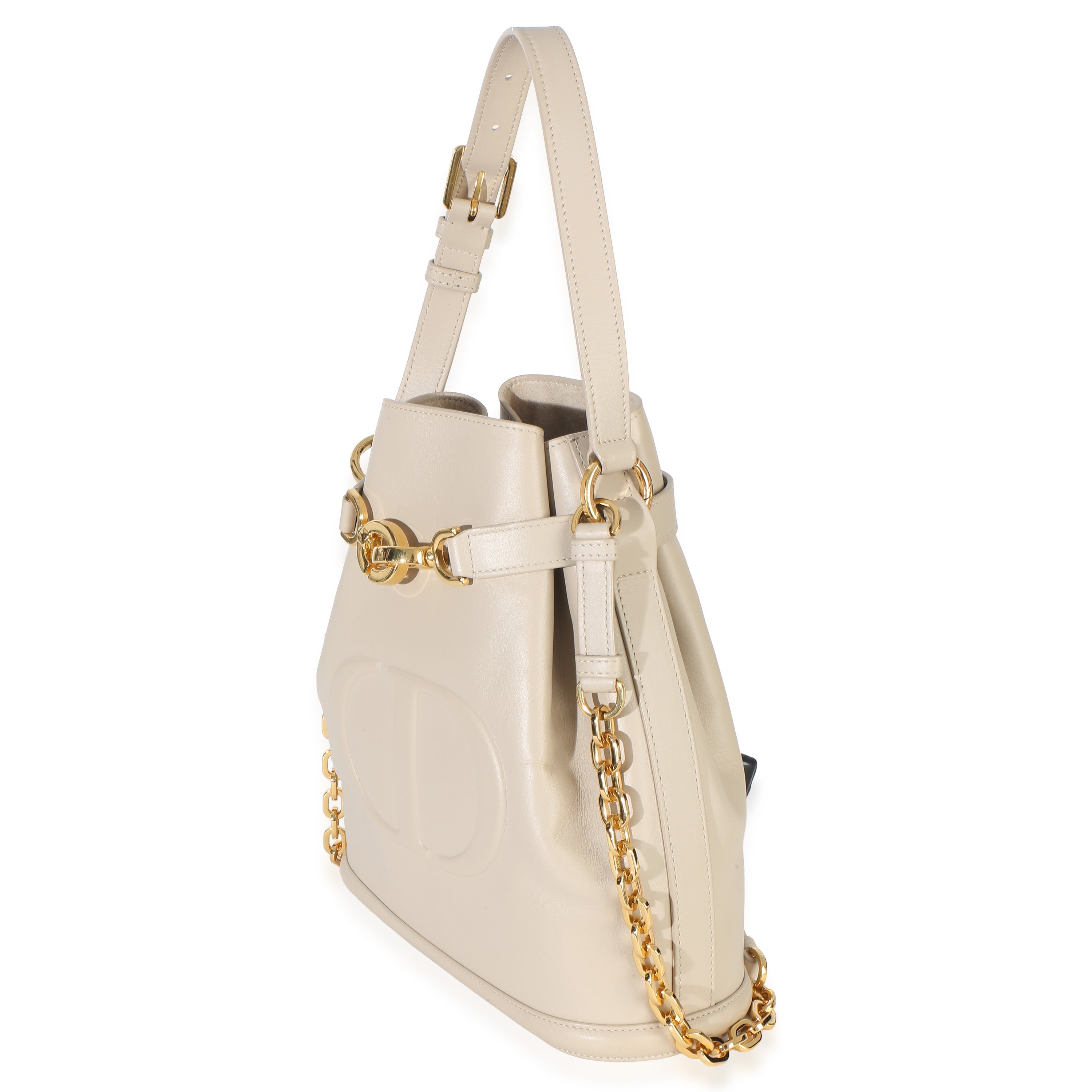 Beige Calfskin CD Embossed Medium Cest Bucket Bag
