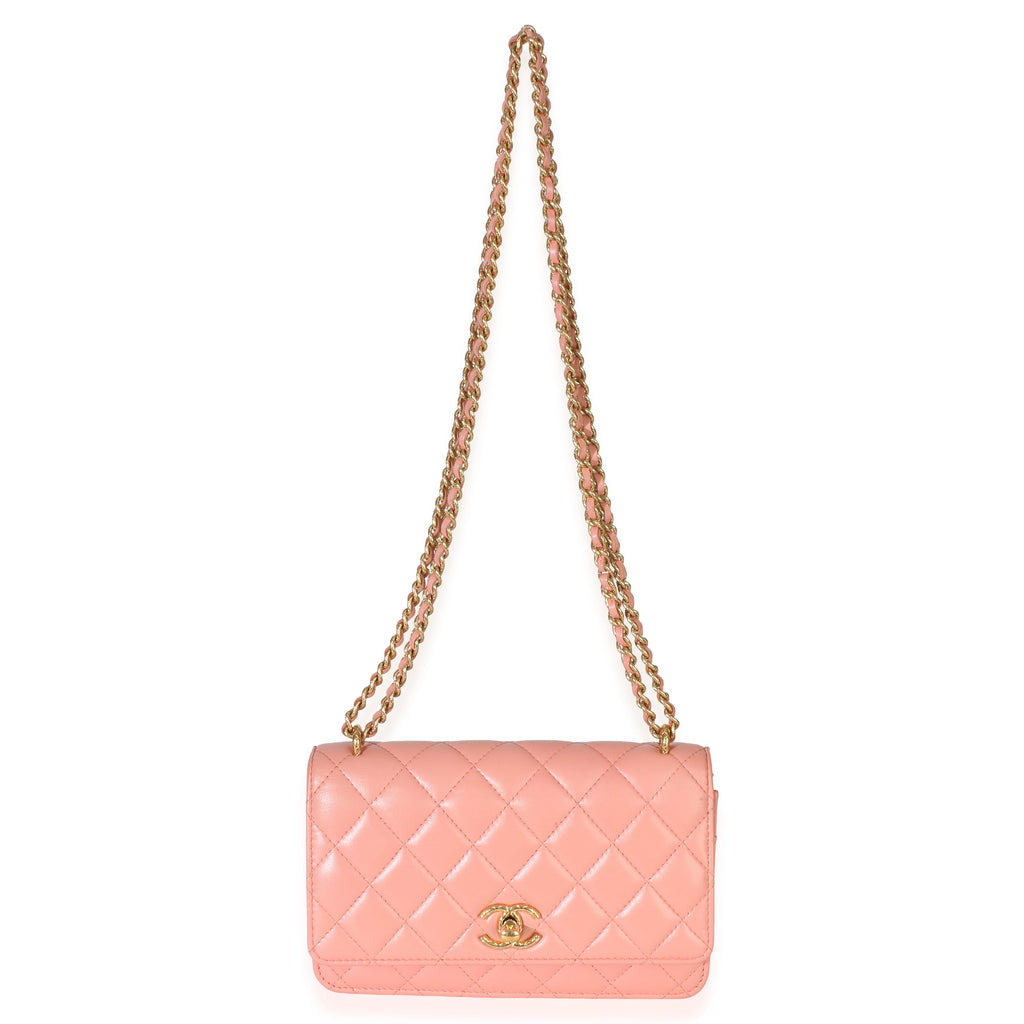 Iridescent Pink Quilted Lambskin CC Wallet On Chain