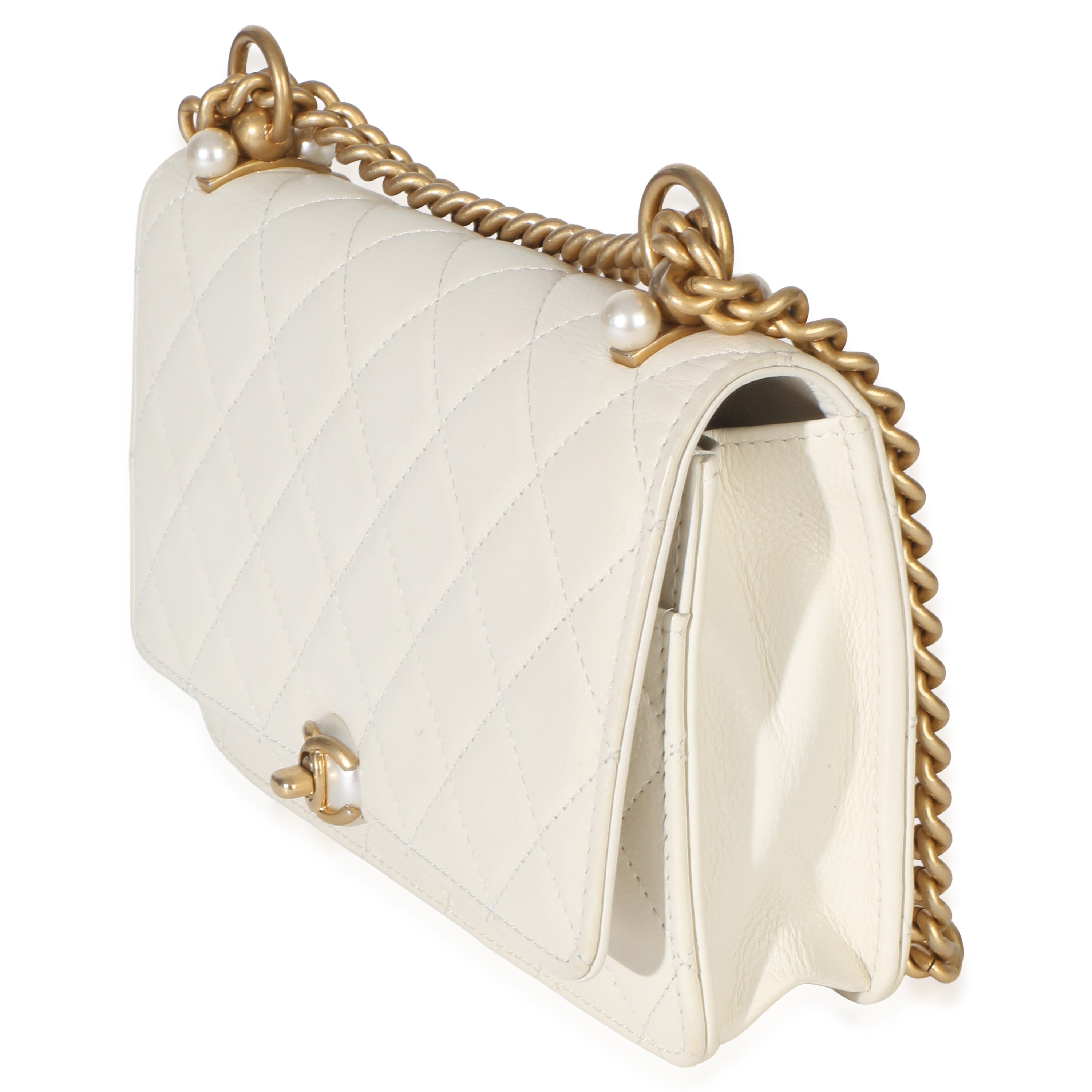 White Quilted Calfskin Pearl CC Wallet On Chain