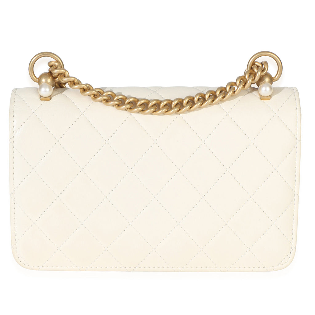 White Quilted Calfskin Pearl CC Wallet On Chain