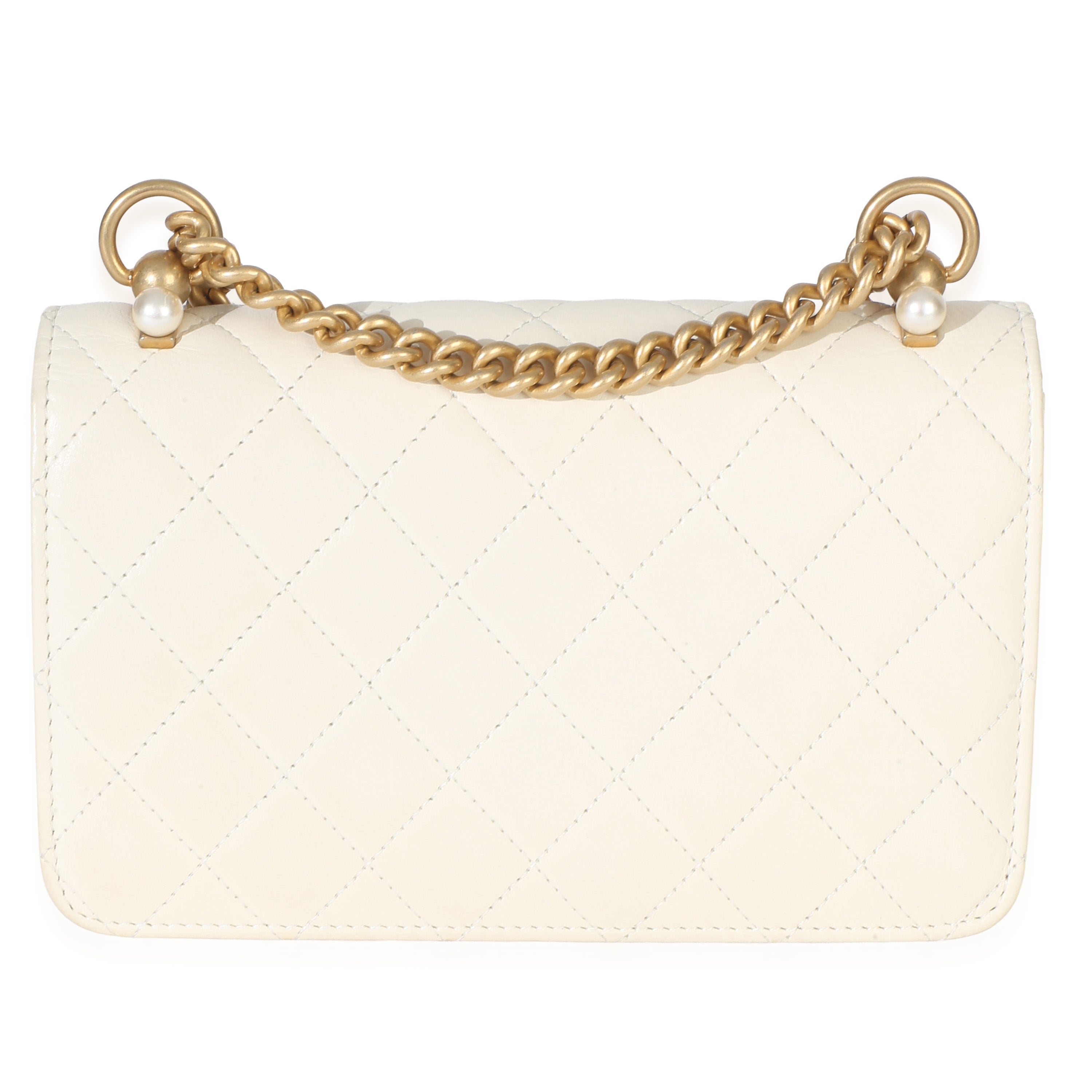 White Quilted Calfskin Pearl CC Wallet On Chain