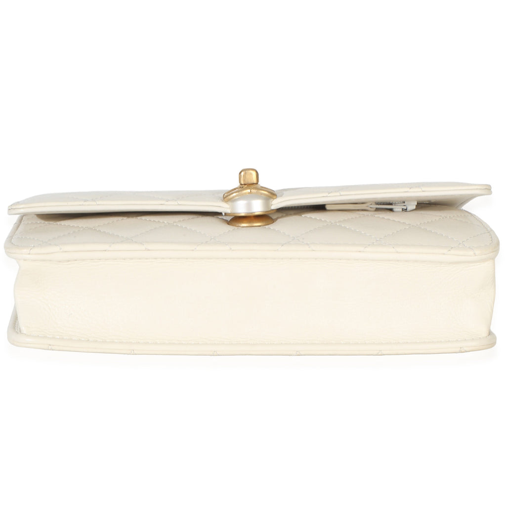 White Quilted Calfskin Pearl CC Wallet On Chain
