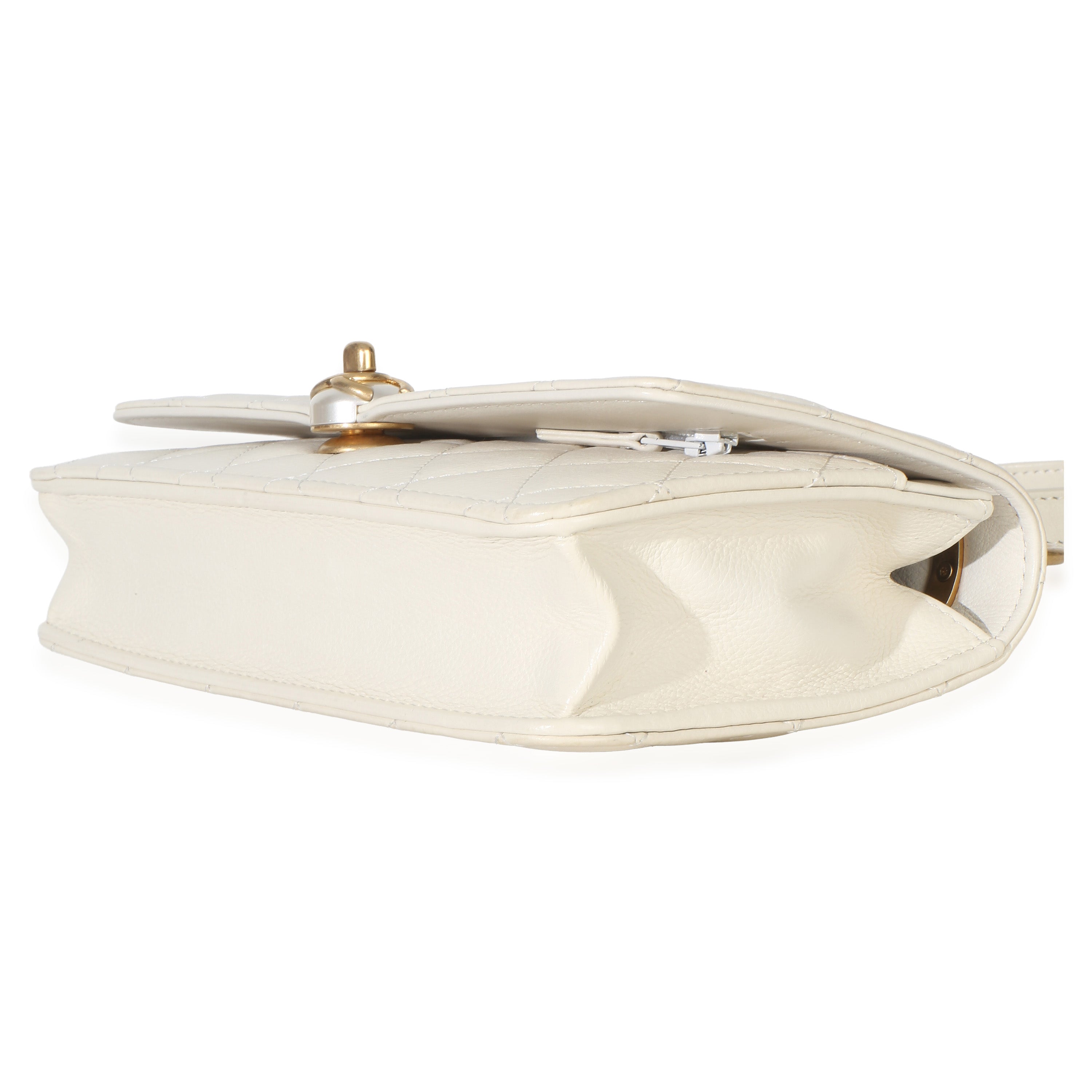 White Quilted Calfskin Pearl CC Wallet On Chain