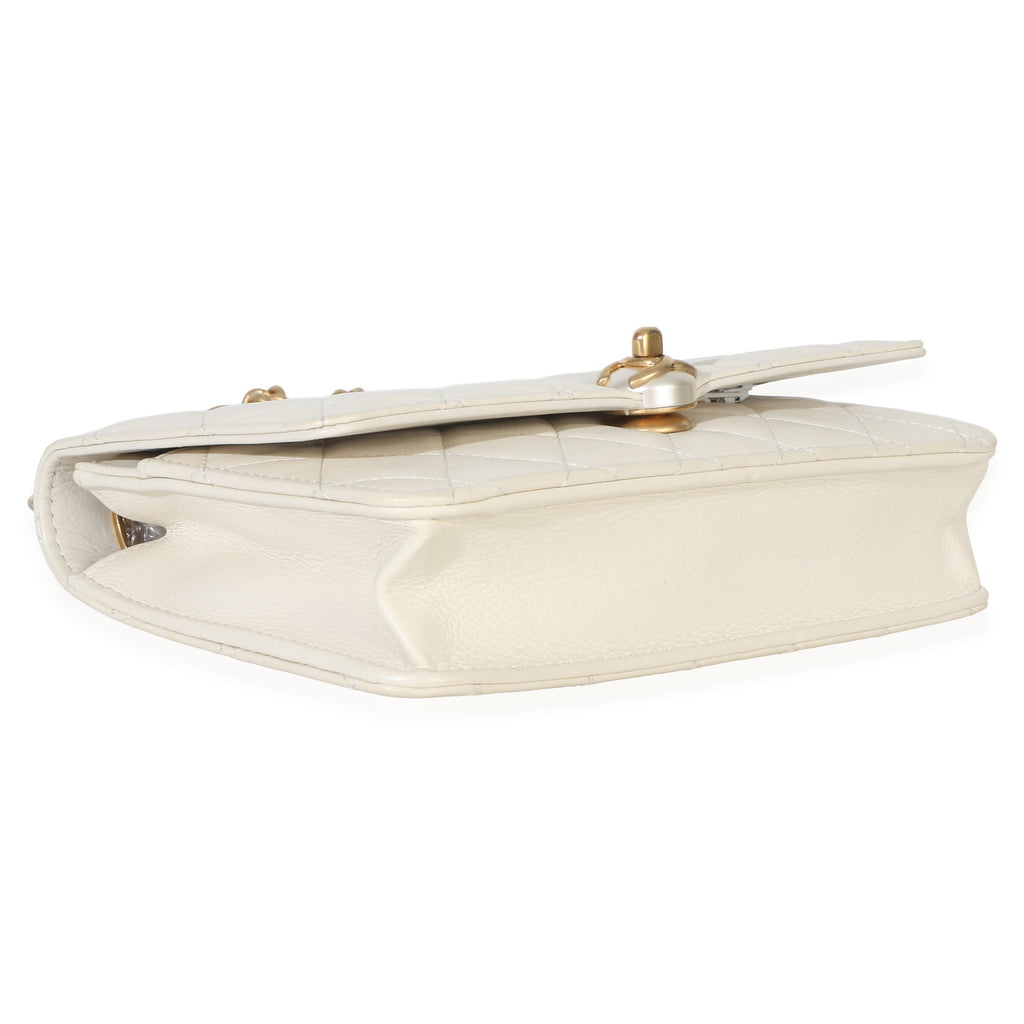 White Quilted Calfskin Pearl CC Wallet On Chain