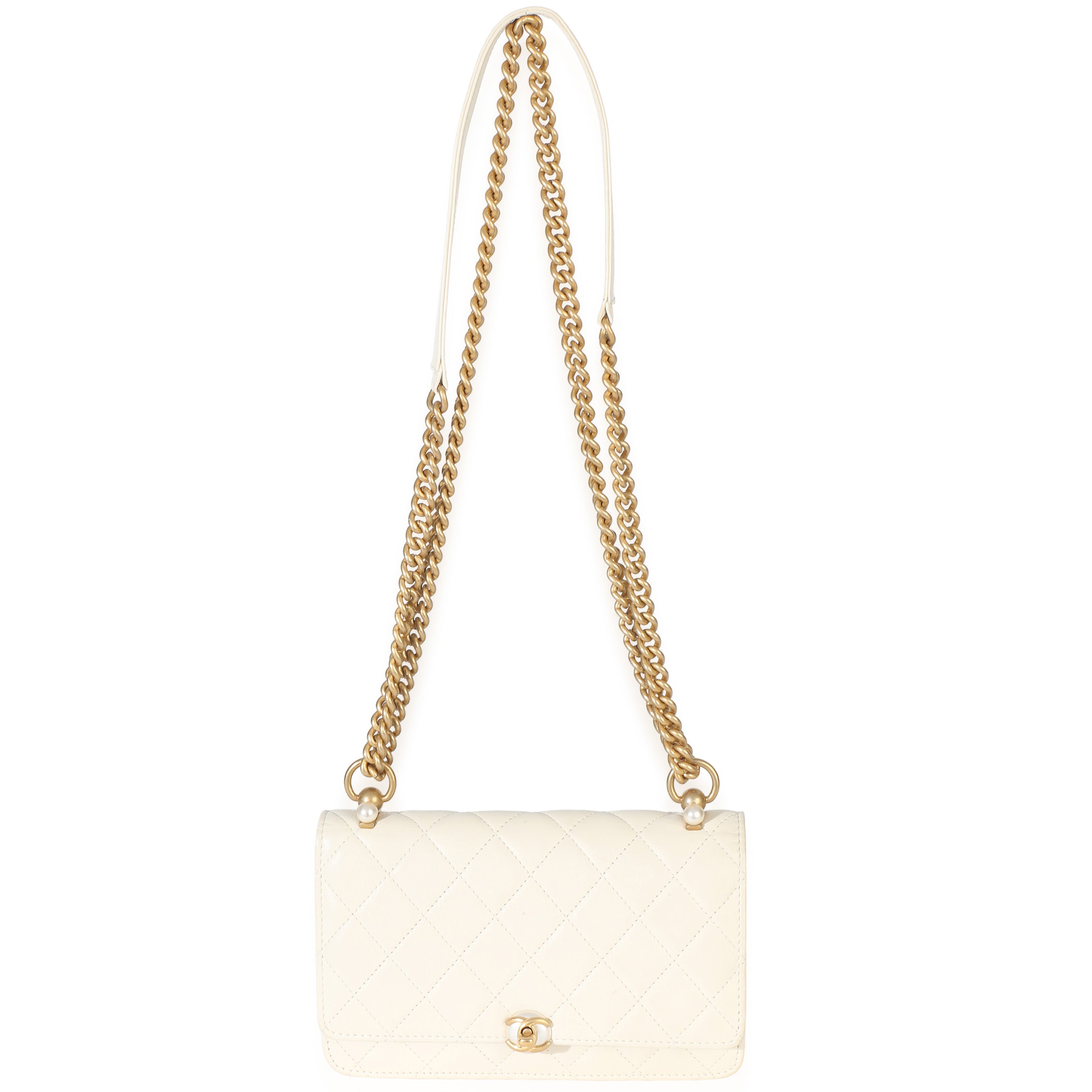 White Quilted Calfskin Pearl CC Wallet On Chain
