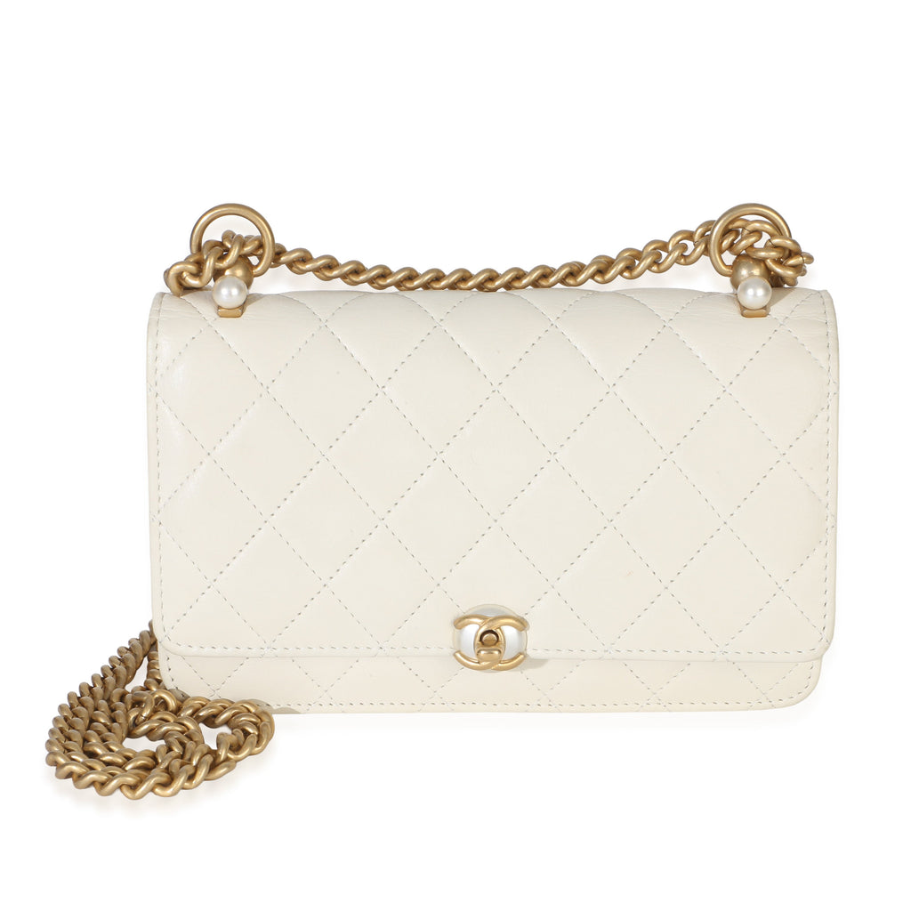 White Quilted Calfskin Pearl CC Wallet On Chain