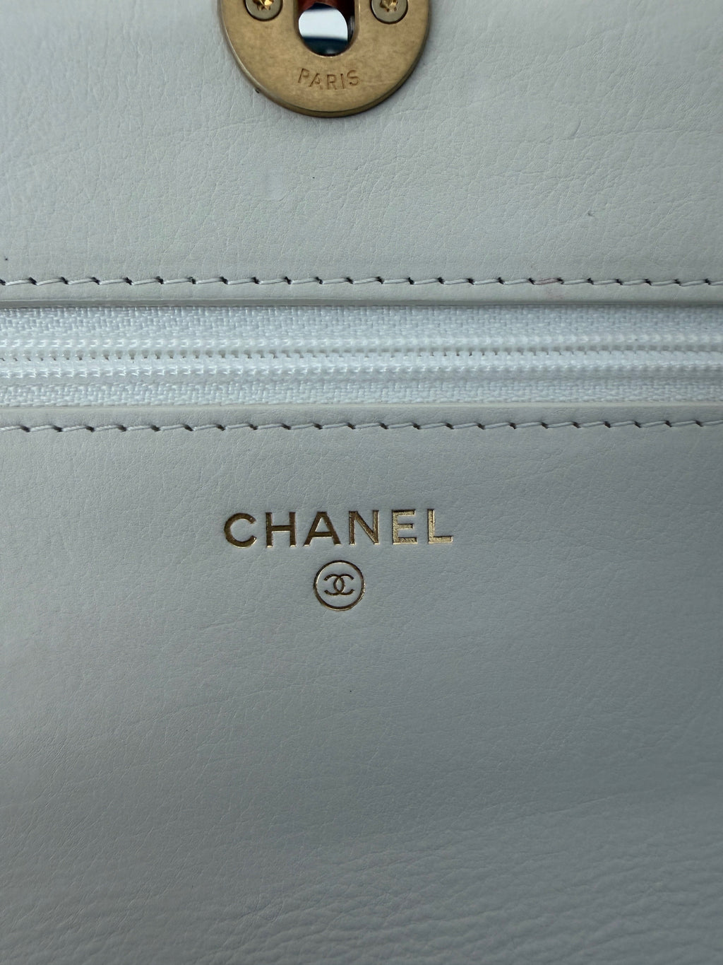 White Quilted Calfskin Pearl CC Wallet On Chain