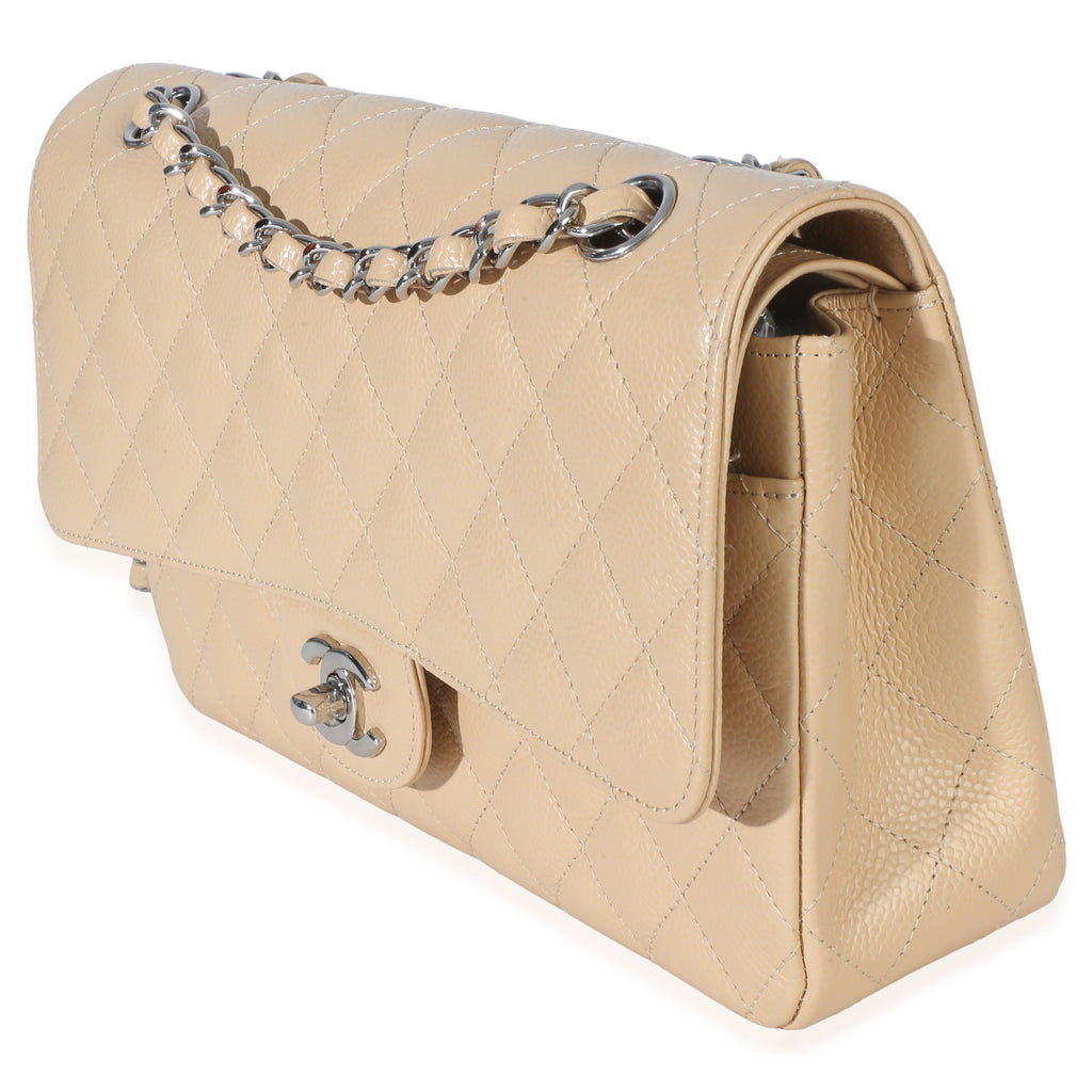 Beige Quilted Caviar Medium Double Flap Bag