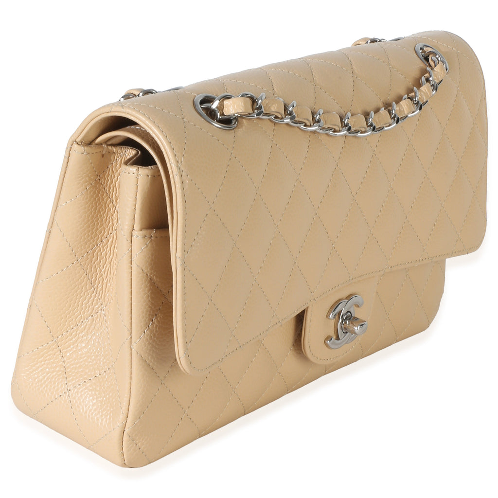Beige Quilted Caviar Medium Double Flap Bag