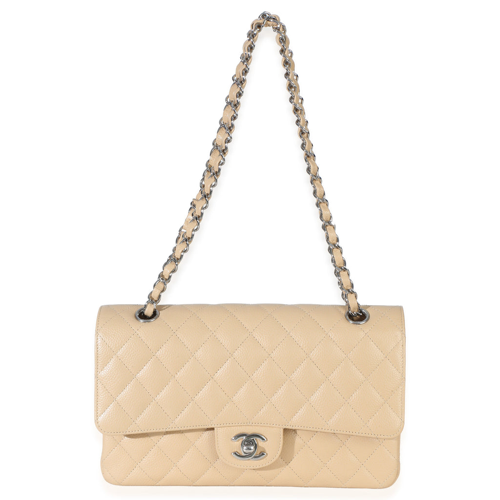 Beige Quilted Caviar Medium Double Flap Bag