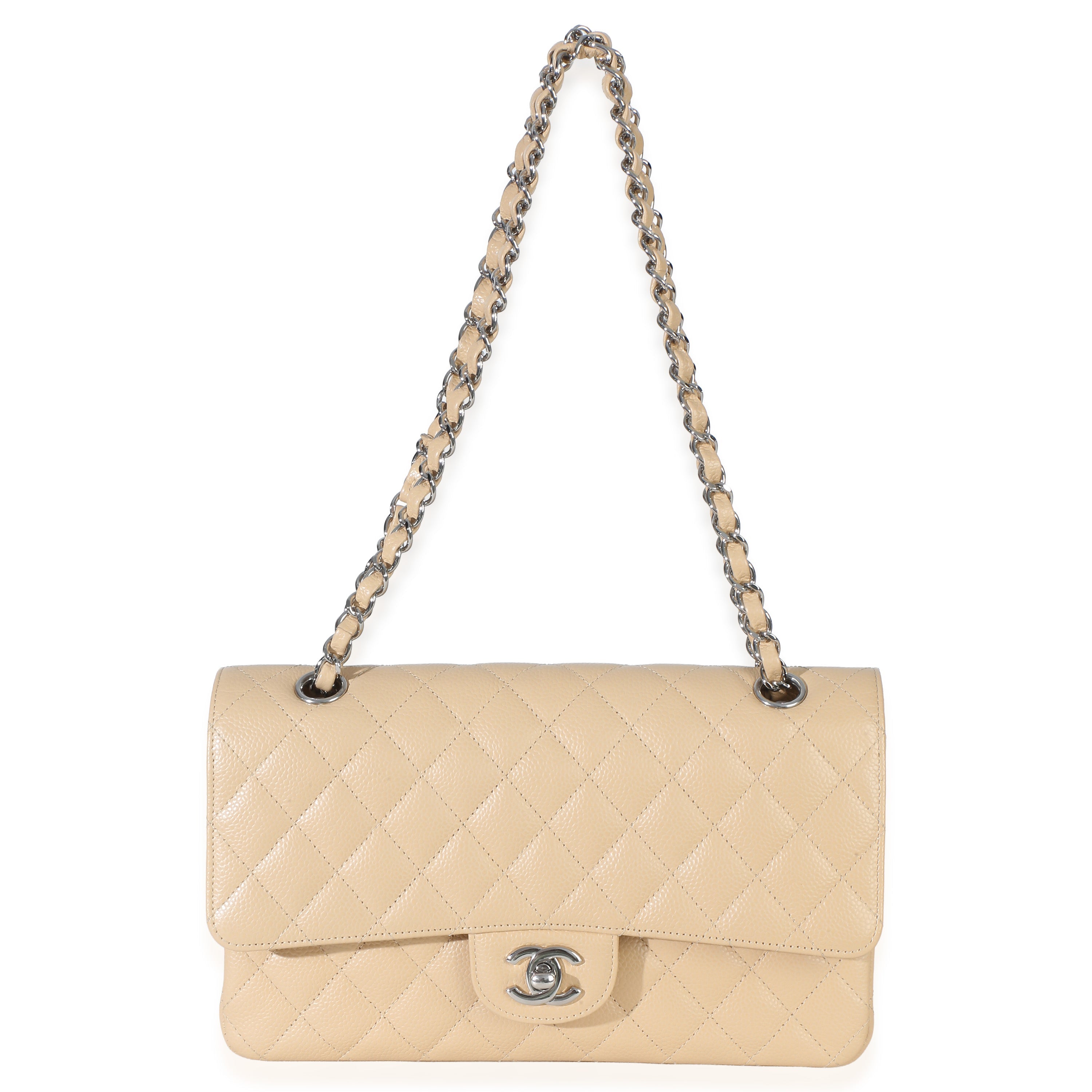 Beige Quilted Caviar Medium Double Flap Bag