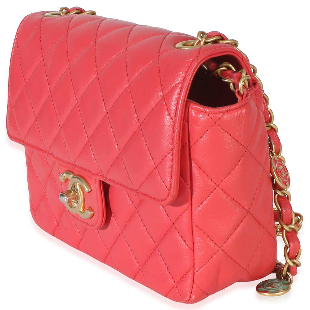 Red Quilted Lambskin Coco Pins Chain Mini Flap Bag