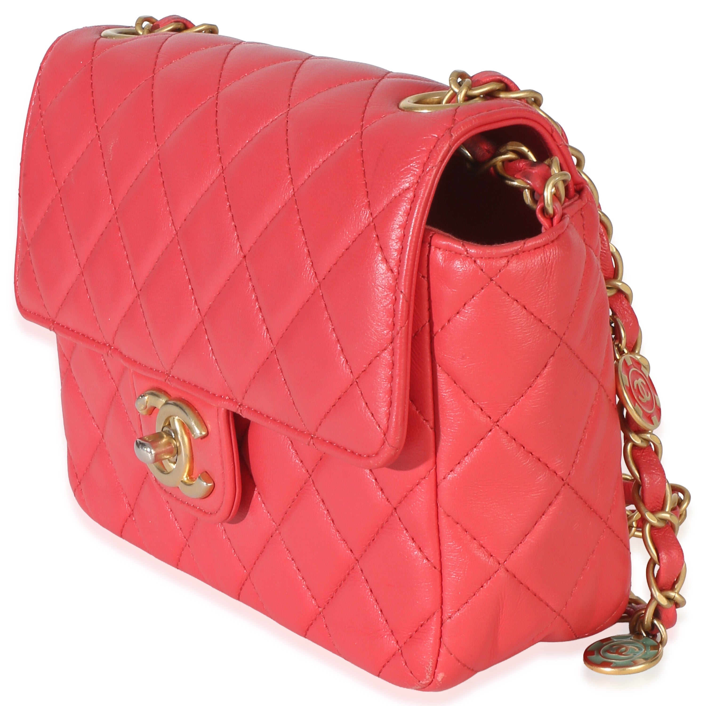 Red Quilted Lambskin Coco Pins Chain Mini Flap Bag