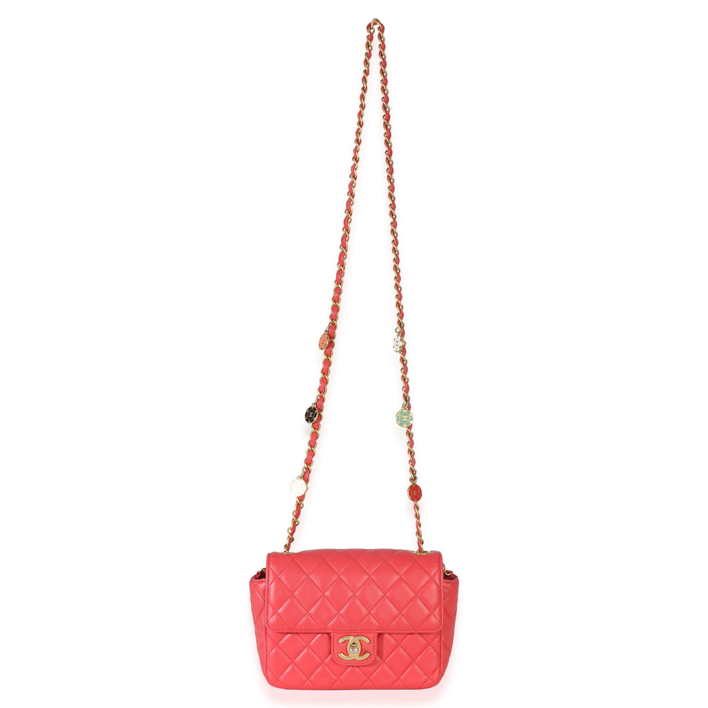 Red Quilted Lambskin Coco Pins Chain Mini Flap Bag
