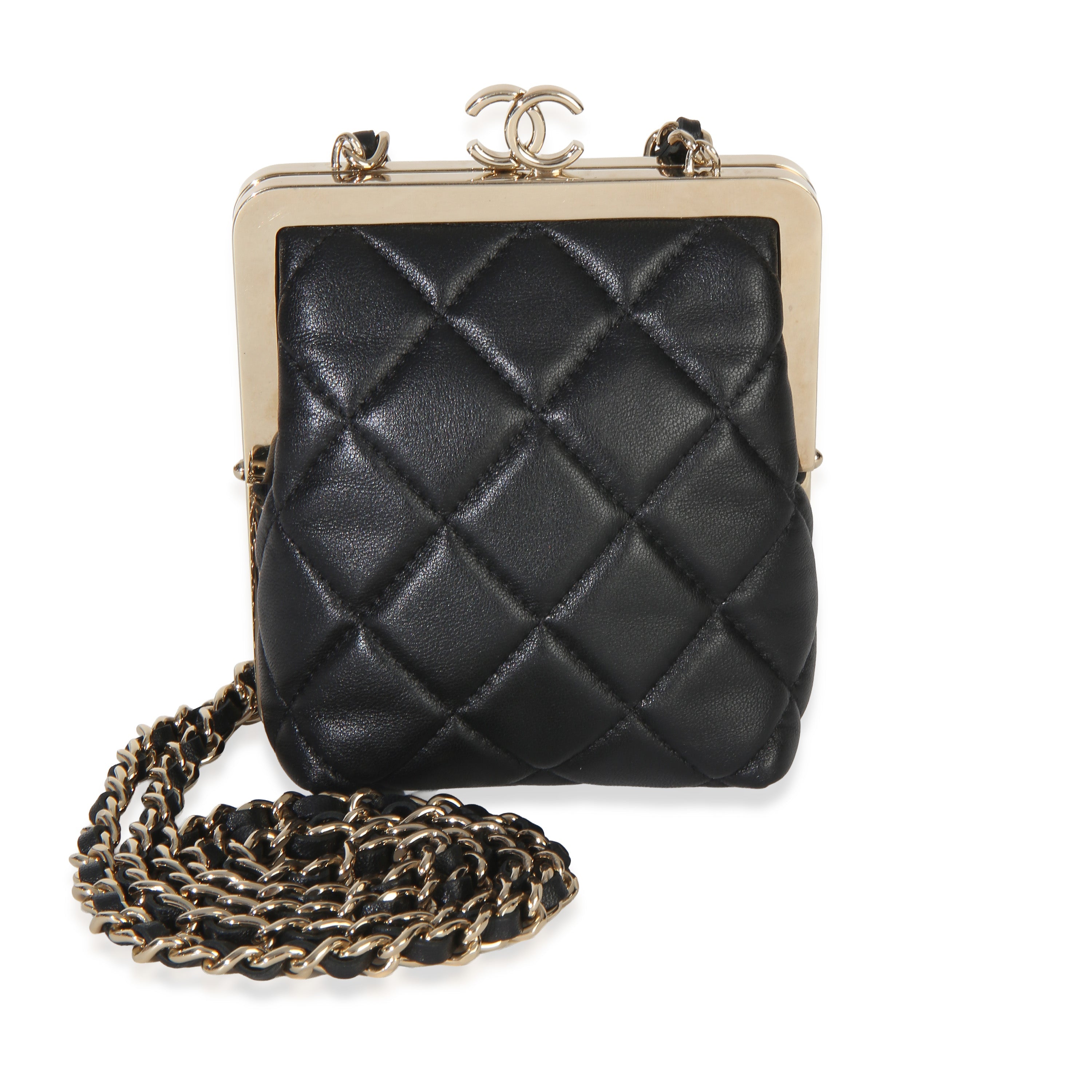 Black Quilted Lambskin CC Frame Clutch With Chain