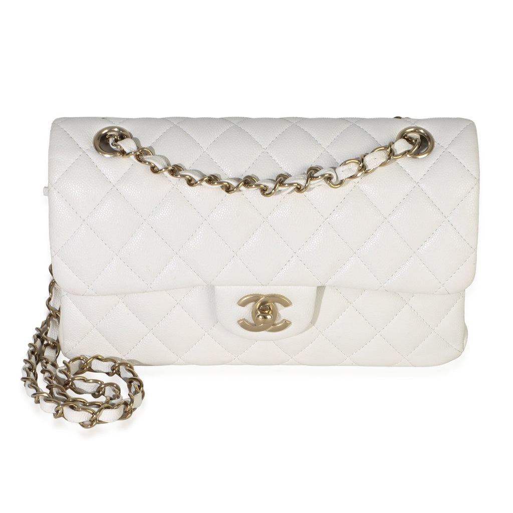 White Quilted Caviar Small Classic Double Flap Bag
