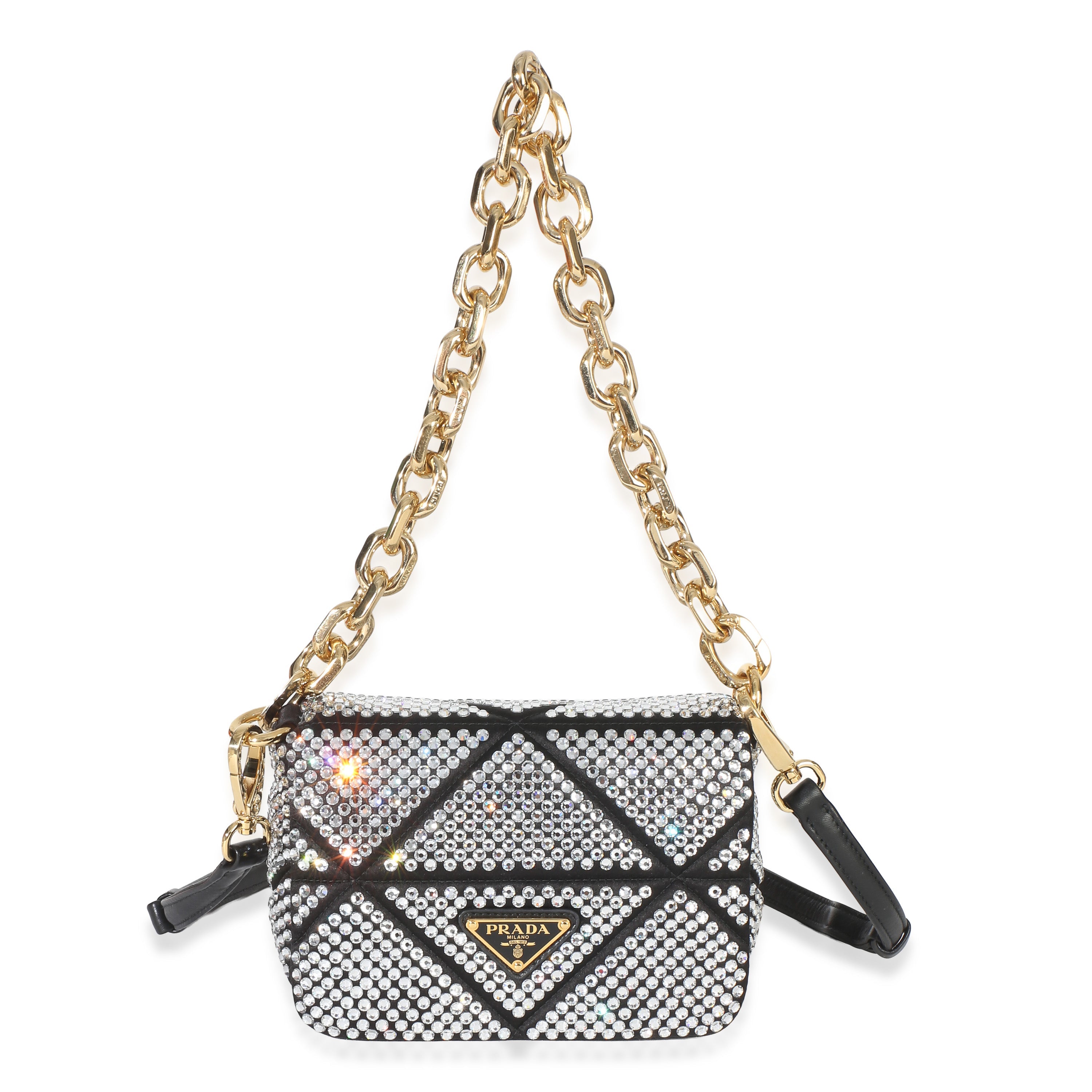 Black Satin Crystal Mini Chain Shoulder Bag