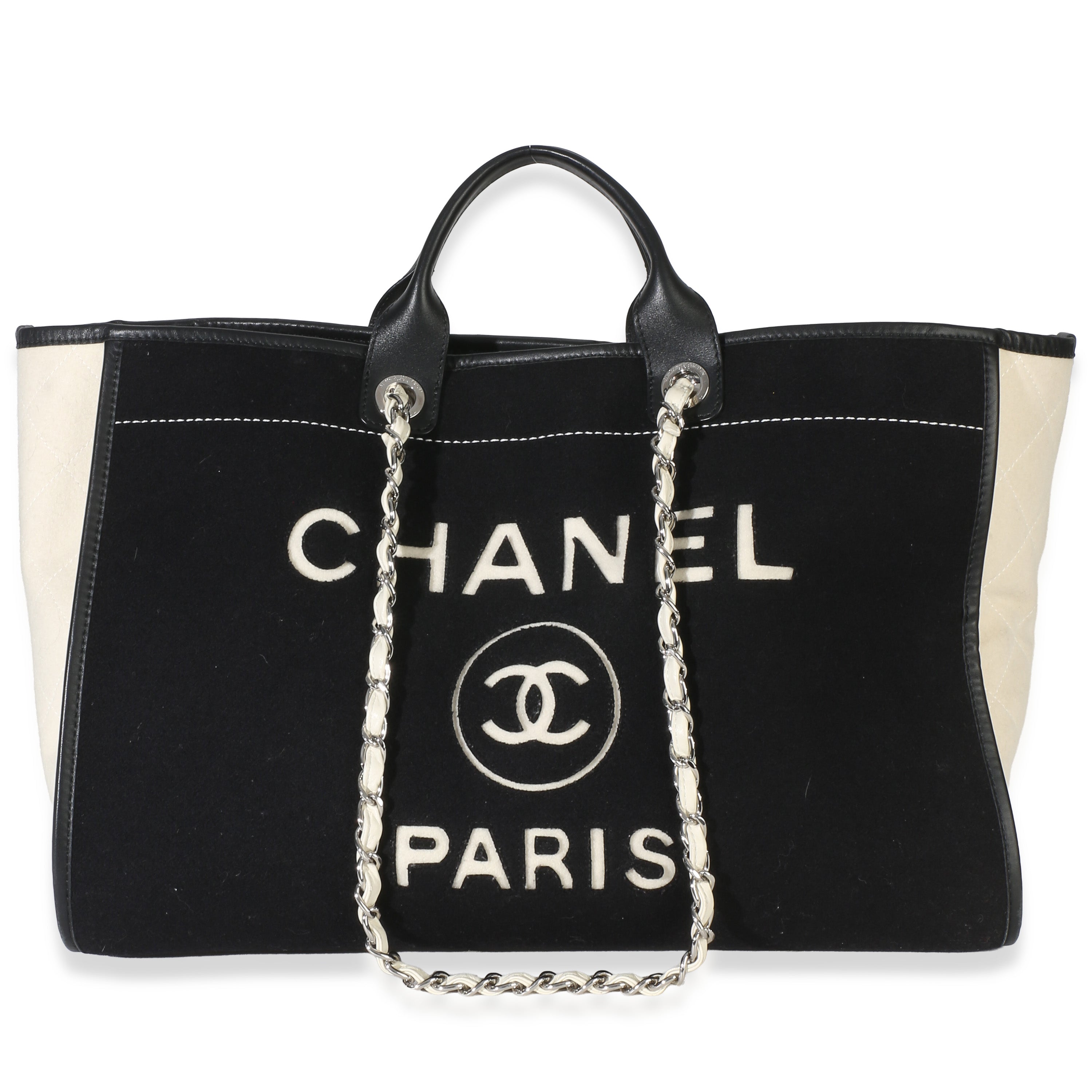 Black White Wool Calfskin Felt Large Deauville Tote