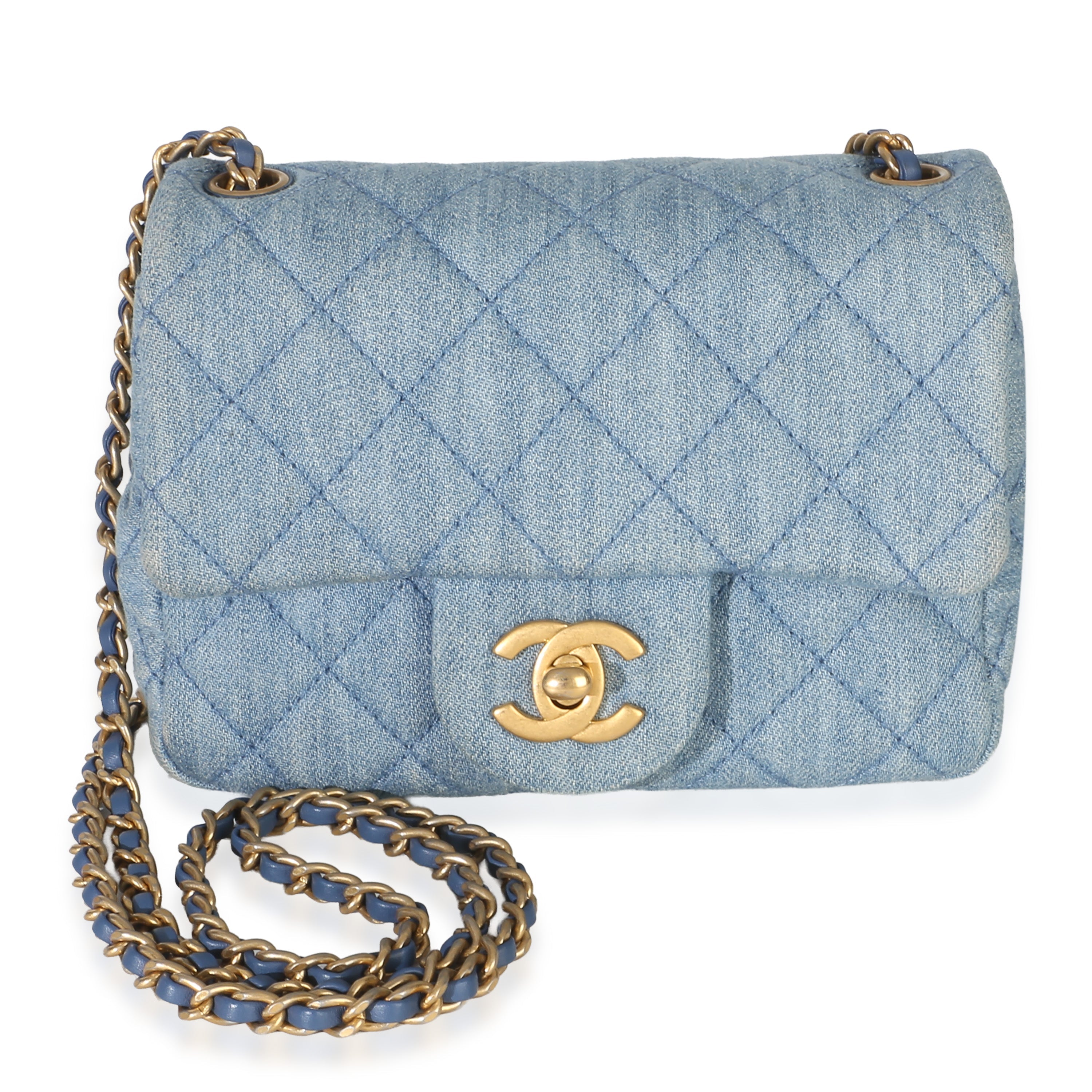Blue Quilted Denim Mini Pearl Crush Flap Bag