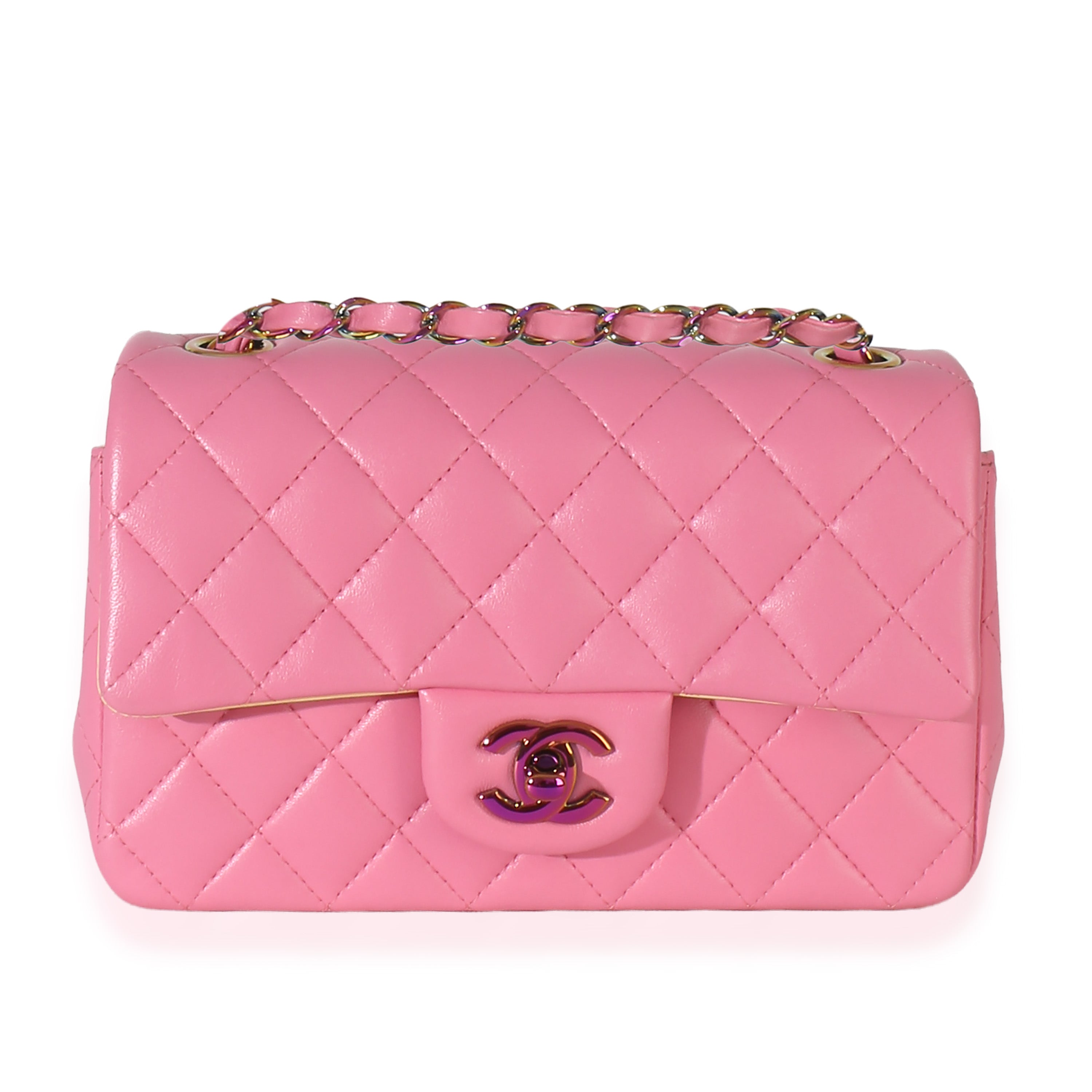 Pink Quilted Lambskin Rainbow Mini Rectangular Flap Bag