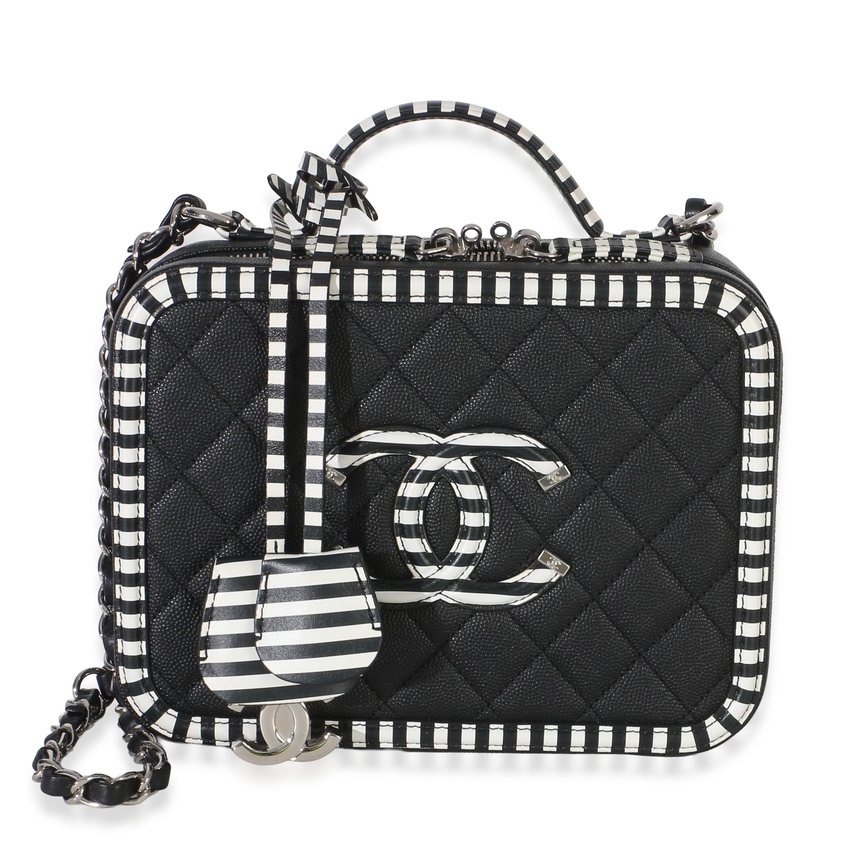 Black Quilted Caviar Striped Medium CC Filigree Vanity Case